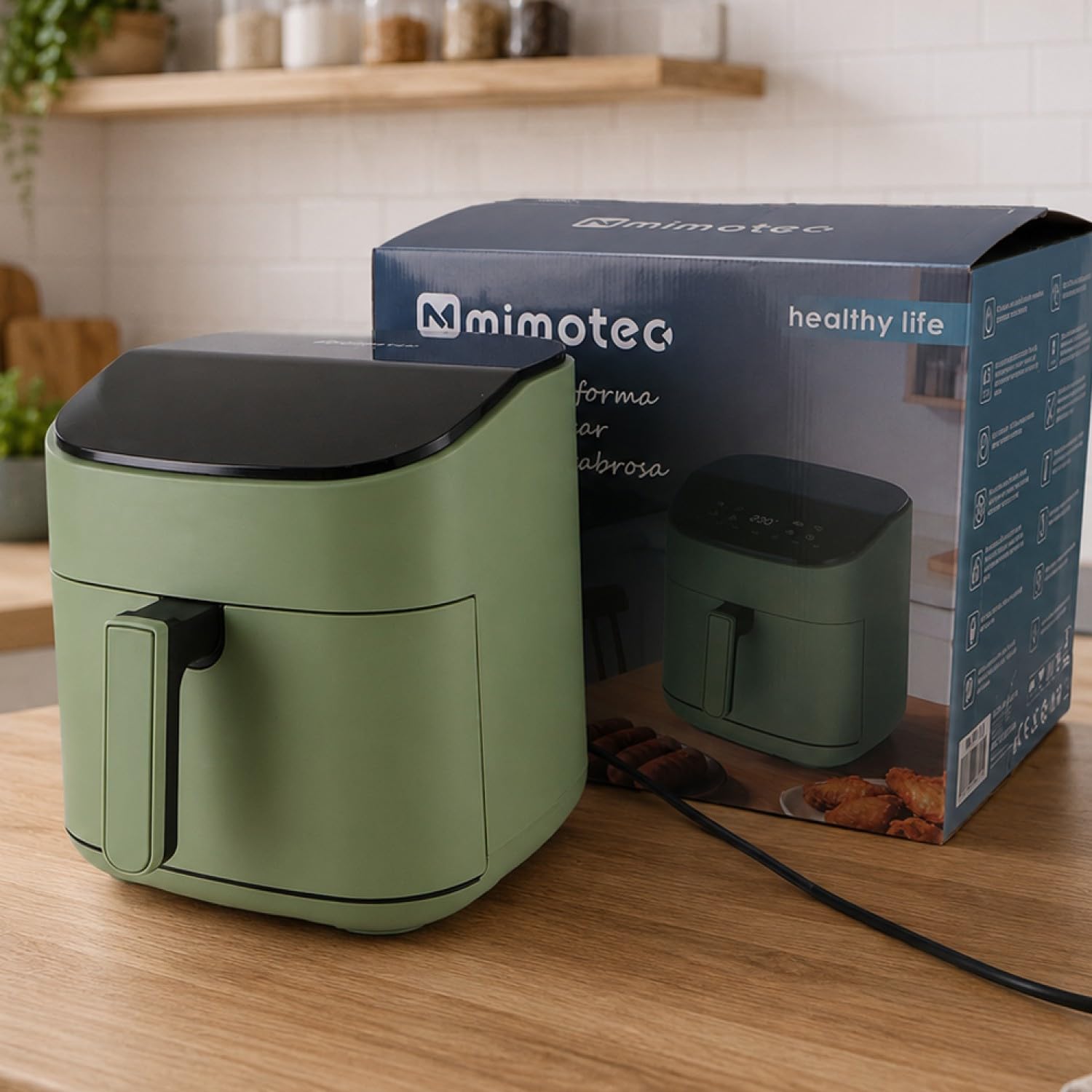 M mimotec – Air Fryer Green Sara Touch 6,5L, bezolejowa frytkownica powietrzna, 1600W, 8 menu cyfrowe, ekran dotykowy, funkcja grilla, regulowany timer, temperatura 80-200 °C, zdrowa kuchnia
