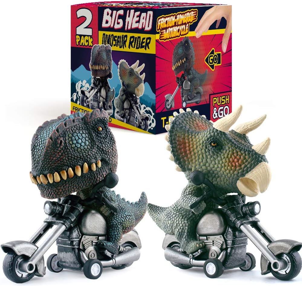 DINOBROS Dinosaur Toy Cars 2 Pack Friction Powered Motorcycle Game T-Rex and Triceratops Monster Dino Toys for Boys Age 3,4,5,6,7