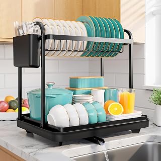 Sakugi 2-Tier Stainless Steel Dish Drying Rack with Cutlery Holders, 15x11.4x15 Inch Black Countertop Organizer for Small Kitchens