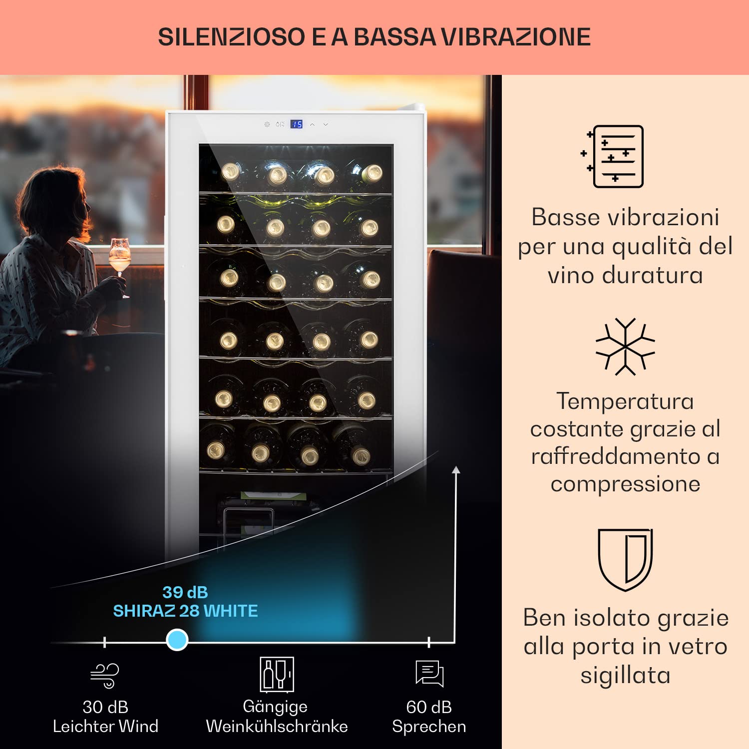 KLARSTEIN Cantinetta Vino Design, Cantinetta Vino Refrigerata a Zona Singola per Vino Rosso, Bianco e Birra, Controlli Touch, Frigo Vino Cantinetta per Esterno/Interno, 5-18°C, 74L, 28 Bottiglie