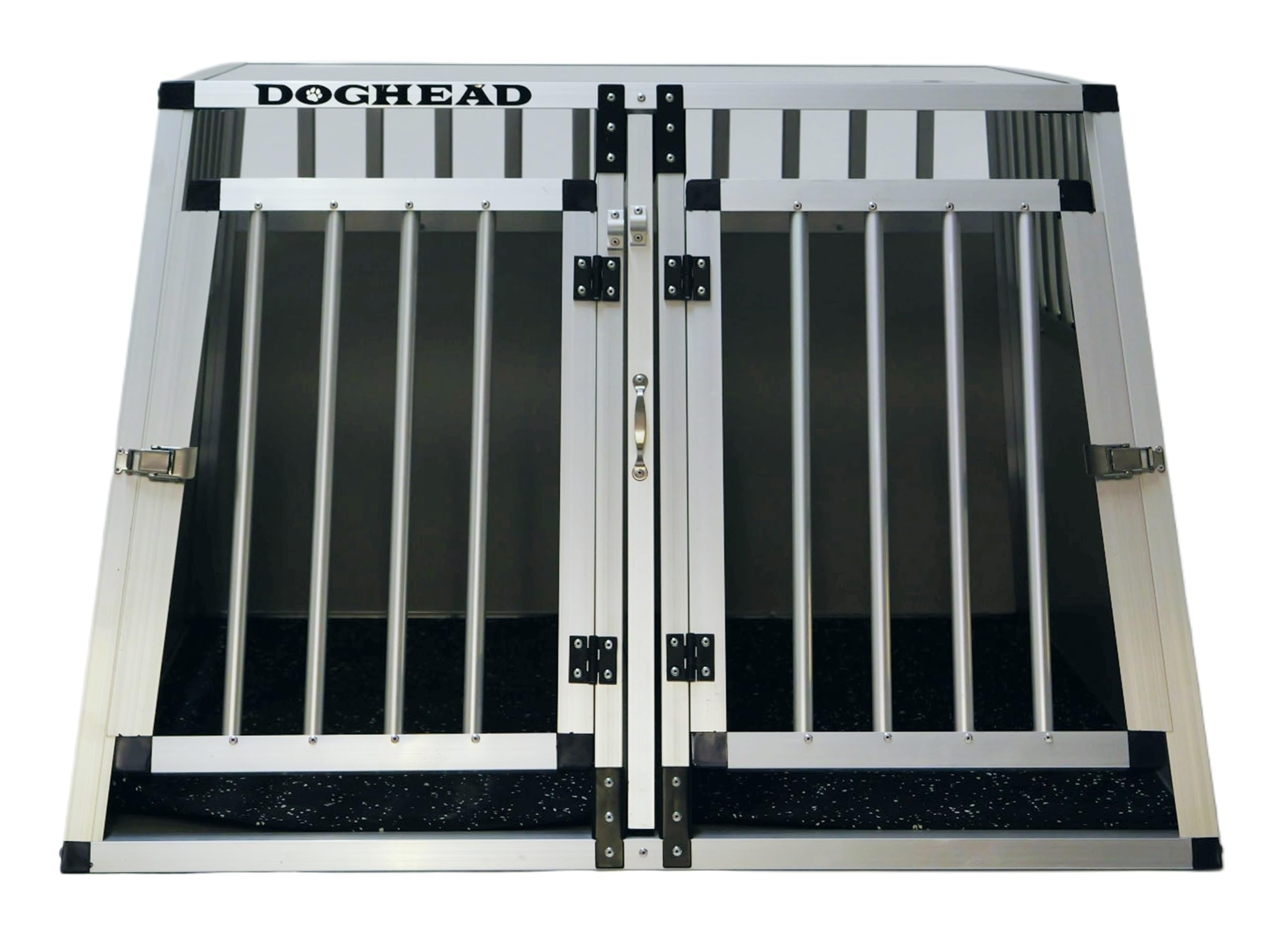 DOGHEAD Hundetransportbox Comfort, Double 95x85x63 cm EG, Grau/Silber, Aluminium, Vorne 65° Grad Winkel, hinten 90° Grad (gerade Rückwand), Trennwand mit Griff, für größere Kombis geeignet