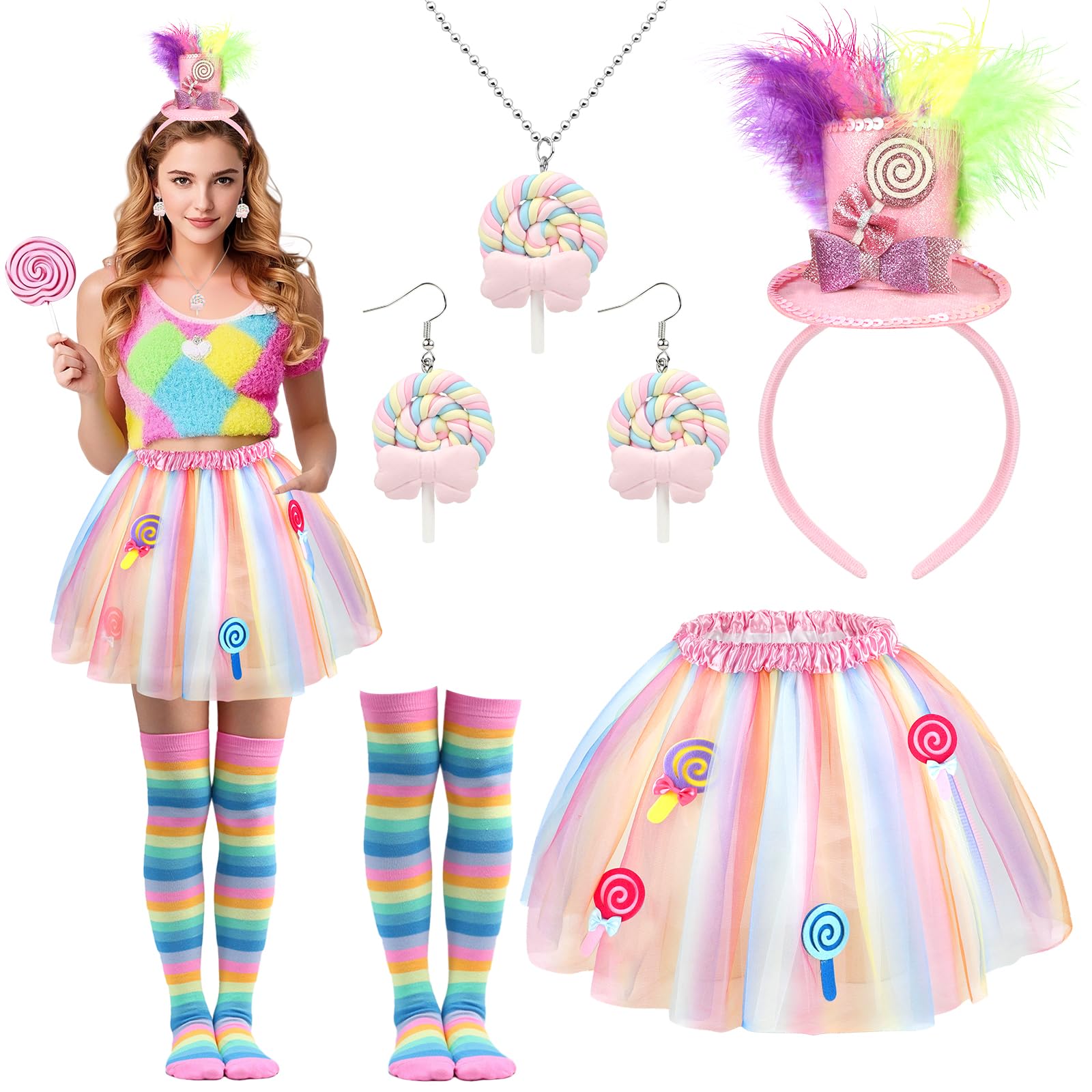 Beipegin Candyland Candy Costumes for Women,Top Hat Headband Lollipop Necklace Earrings Sweet Rainbow Tutu Stocking Candy Theme Cosplay Accessories for Halloween Christmas