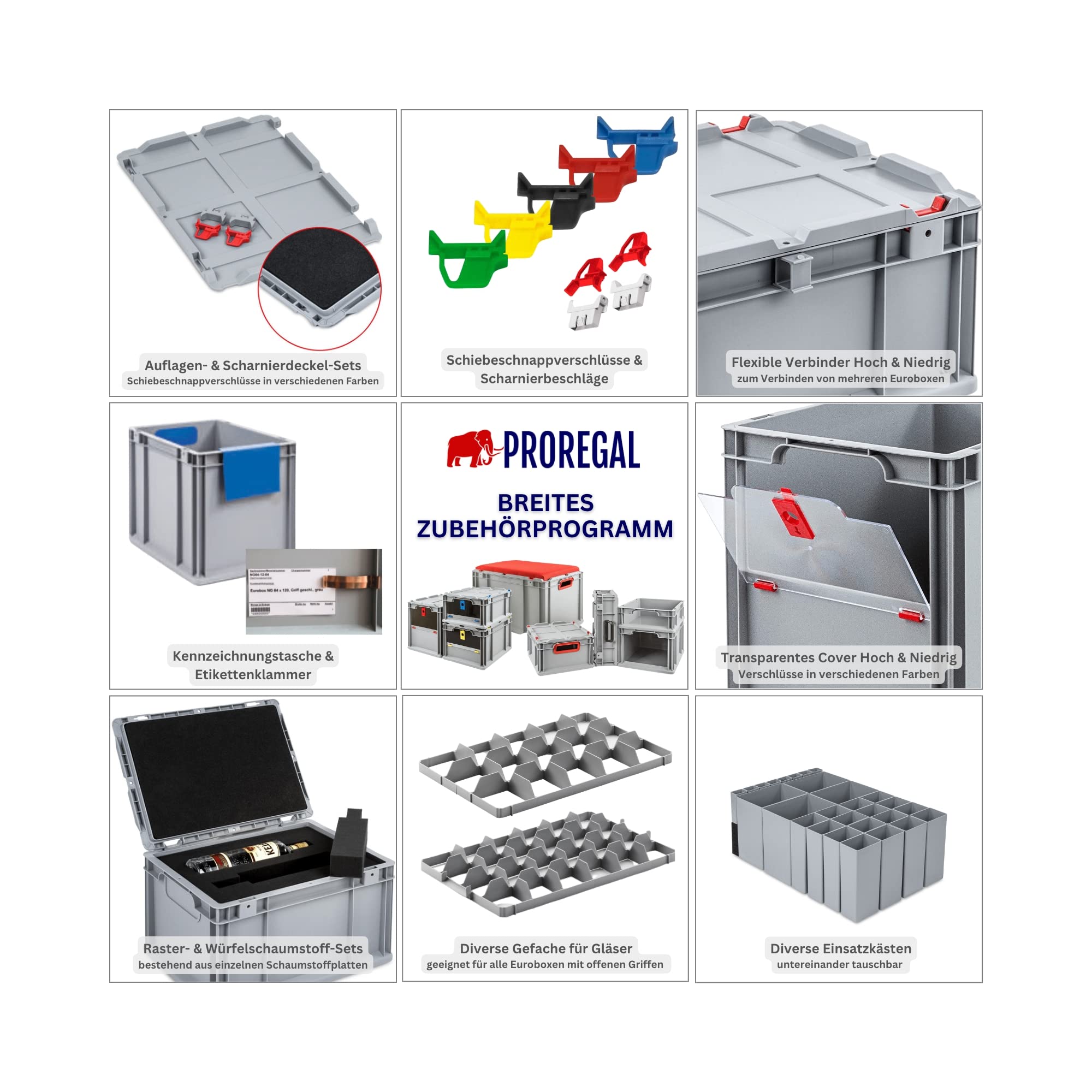 SuperSparSet 10x Scharnierdeckel Set Eurobox NextGen mit Schaumstoff und 2 grüne Schiebeschnappverschlüsse | BxT 30x40cm | Eurobehälter, Transportbox, Transportbehälter, Stapelbehälter