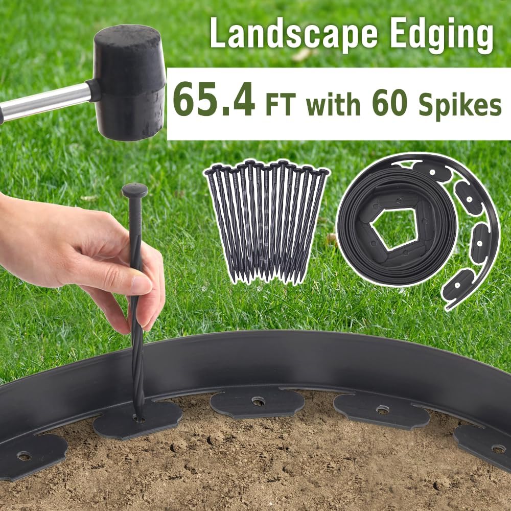 Japard Lawn Garden Edge, Edging Border 2 inch x 65.4 ft Kit with 60 Spikes, Flexible for Landscaping Raised Flower Beds Stone Yard Pathway Black