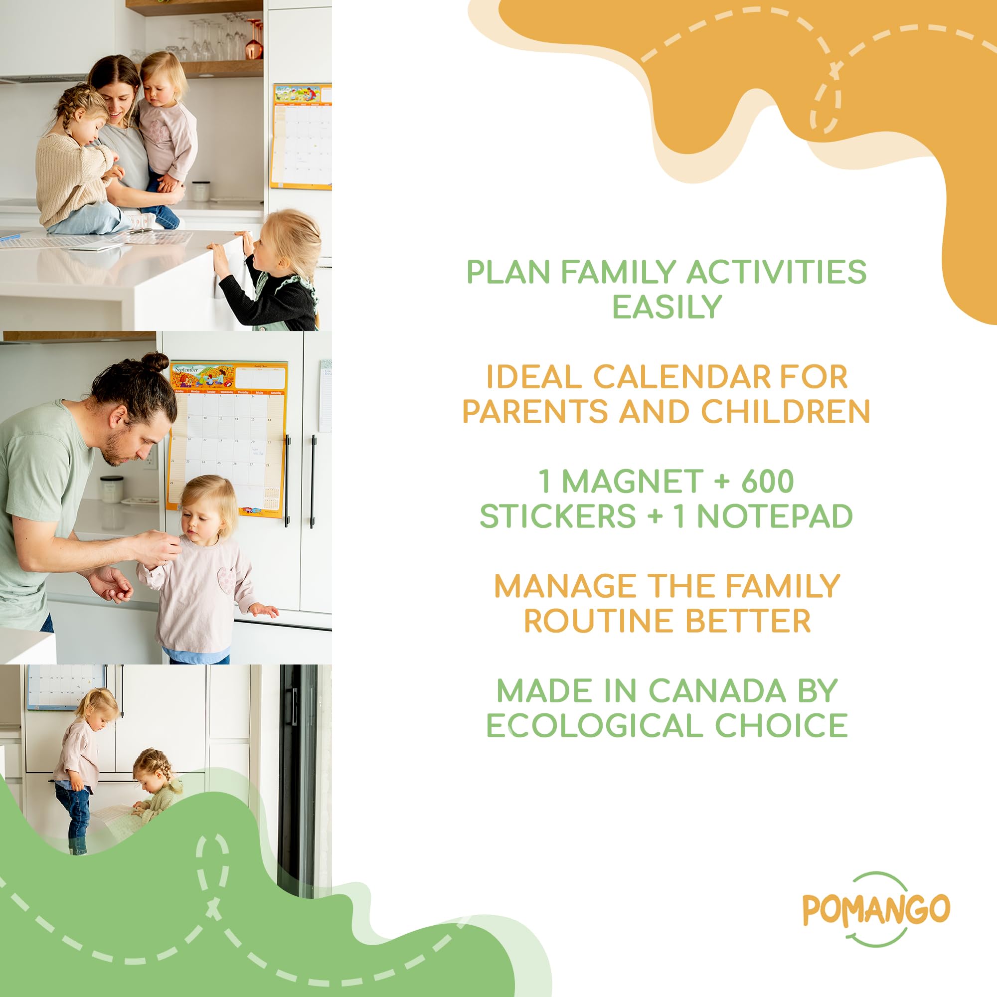 POMANGO Calendario familiare 2026 inglese, 17 mesi, pianificatore familiare: da agosto 2025 a dicembre 2026, 38 x 48 cm, striscia magnetica, 600 adesivi, blocco note, edizione 2025-26 con app mobile