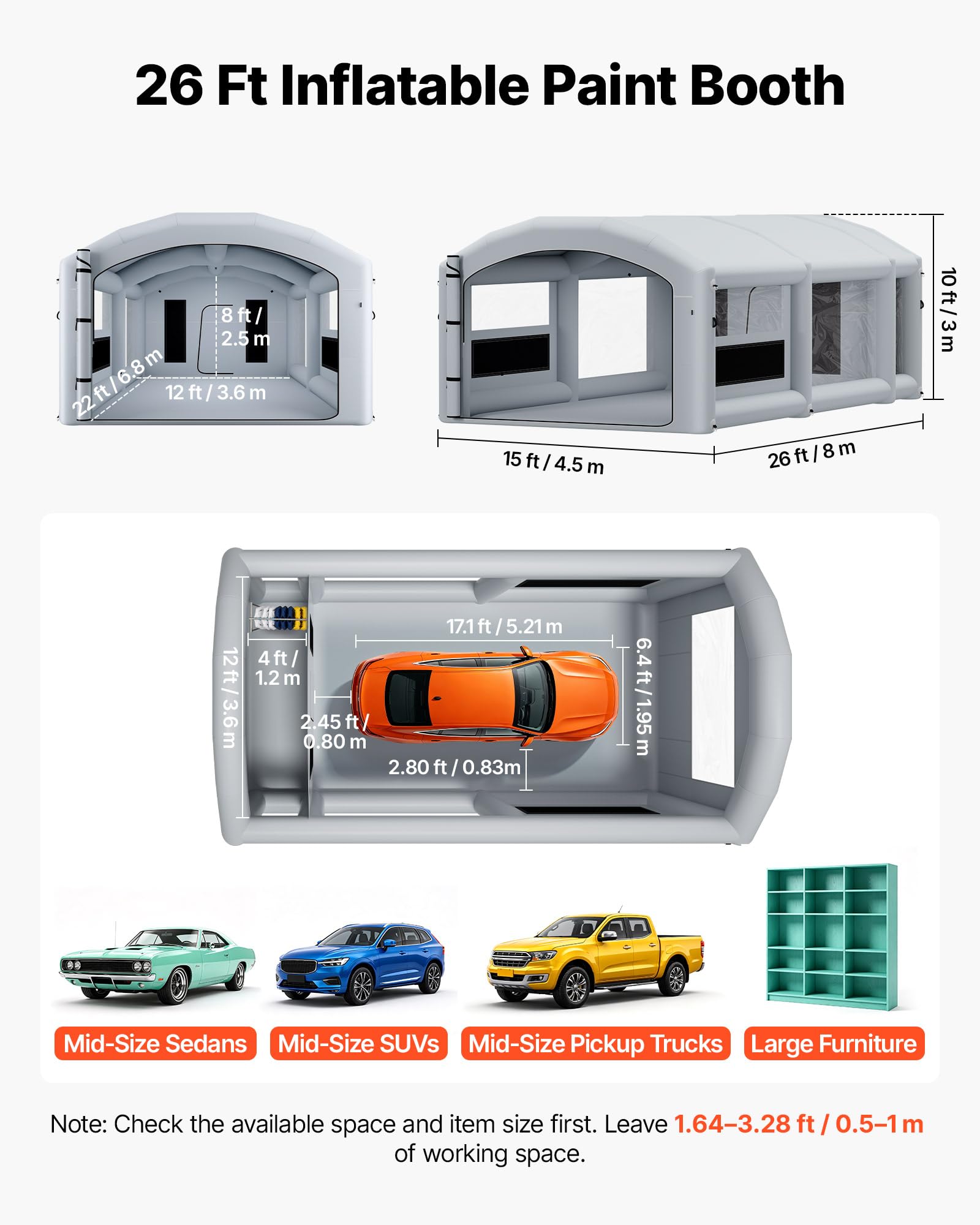 VEVOR Nadmuchiwana kabina lakiernicza, 7,9 x 4,5 x 3 m, przenośna kabina natryskowa z dmuchawami 750 W + 950 W, duża bawełna filtrująca, obszar przewijania, łukowy namiot do malowania dachu do