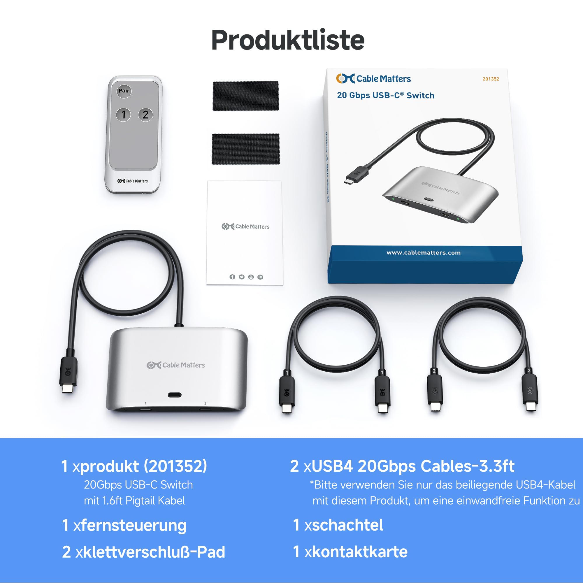 Cable Matters 20G USB C Switch für 2 Computer, 140W PD, bis zu 8K@30Hz unter Windows, 4K@60Hz unter macOS, Nutzung eines Thunderbolt 4 Monitors/Docks (Nicht für Docks mit angeschlossenem Kabel)