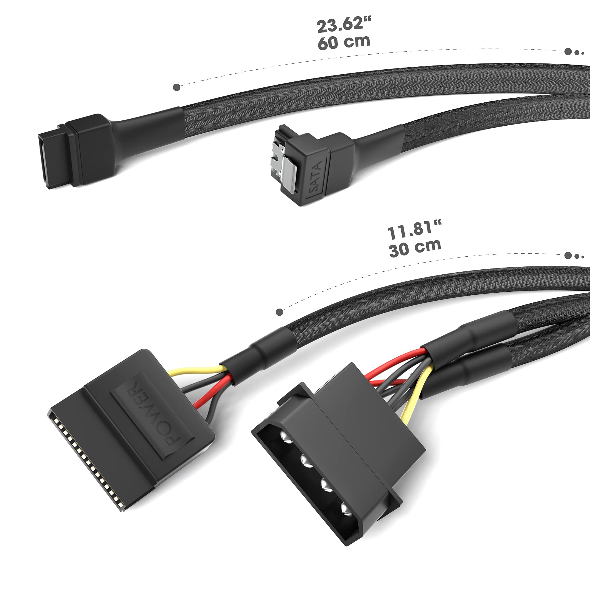 KabelDirekt – Przewód zasilający Molex 4-pinowy do 2×15-pinowego – 30cm | Przewód zasilający 4-pinowy Molex do 2×15-pinowego przewodu SATA 30cm + 7-pinowy przewód SATA 60cm do transmisji danych