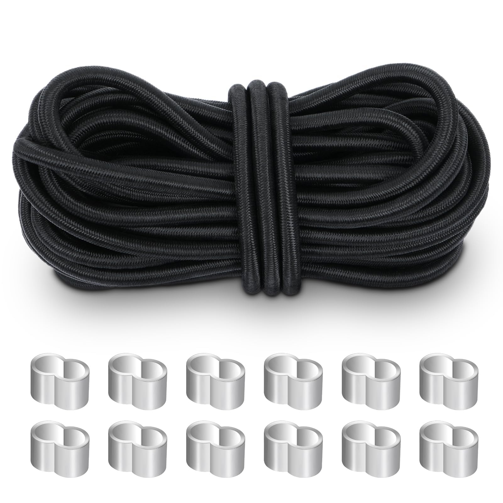 Minnhua 10M Corde En Caoutchouc 7.5mm Corde Élastique Tendeurs 10m Sandow Elastique Corde D'extension Bande Élastique Cordon Elastique Pour Bache Piscine Avec 10 Pinces À Étrangler Noir