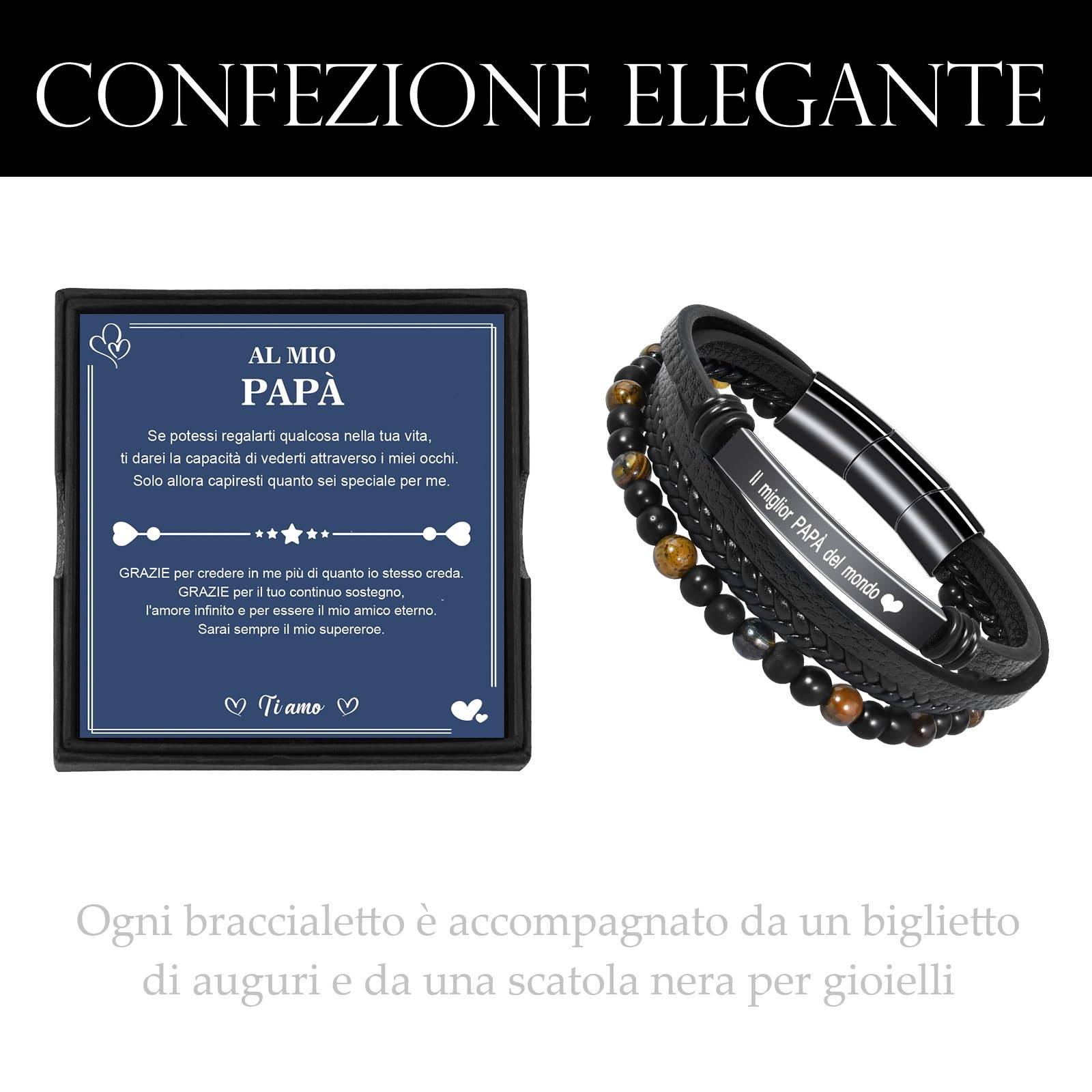 VGWON Regalo Uomo Bracciale da Uomo in Vera Pelle con Pietre Naturali, Regalo per Lui Marito Fidanzato Figlio Papà Nonno, Regalo San Valentino Compleanno Natale Anniversario