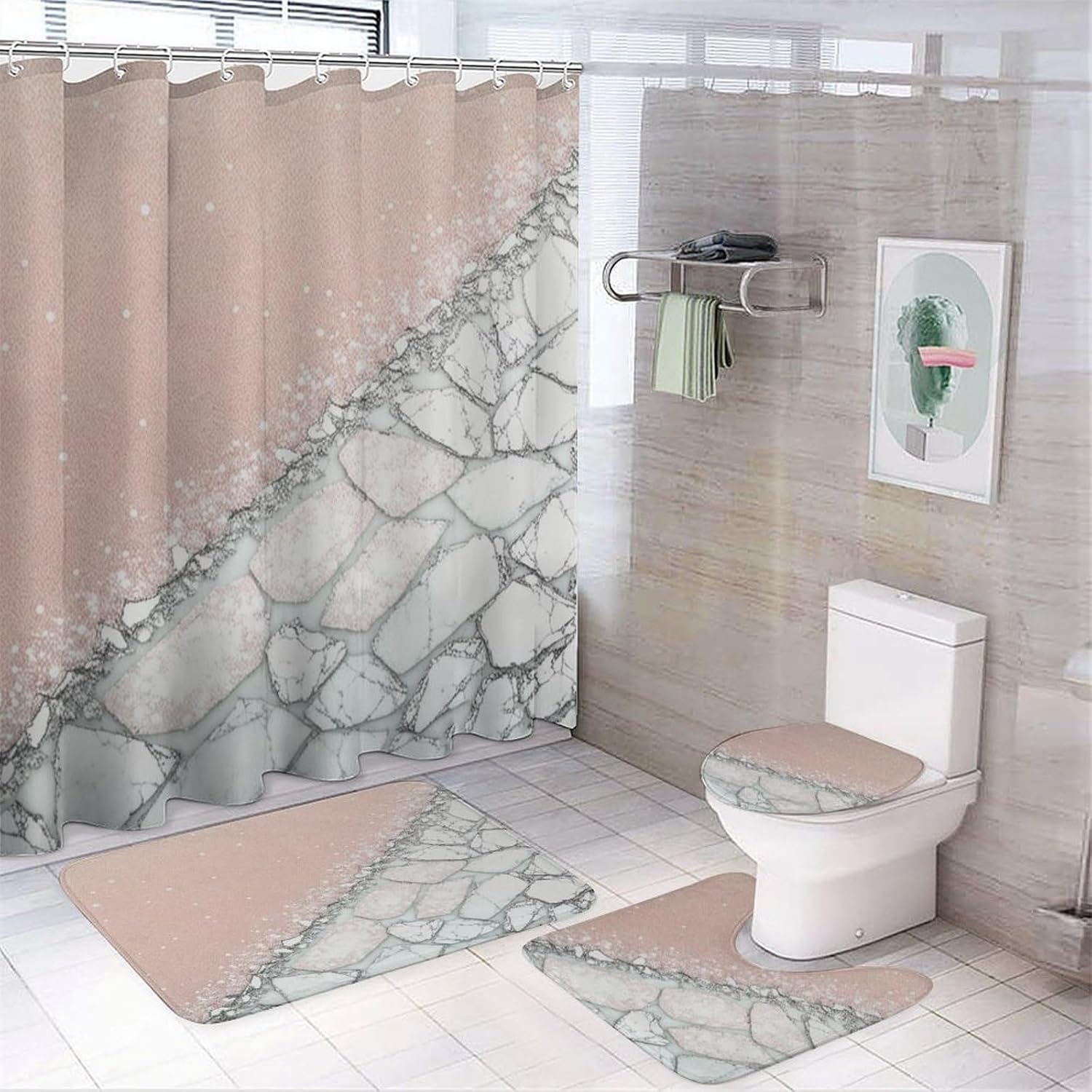 4 Piece Modern Rose Gold Pink Glitter White Marble Art Shower Curtain + Bath Room Rug Mat Set, Waterproof Spa Curtain Super Absorbent Bath Room Carpet
