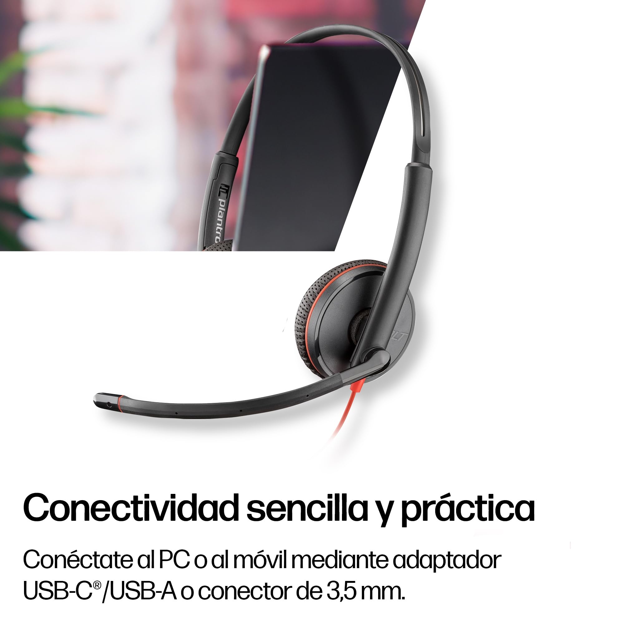 Auricular Poly Blackwire 3225 con cable - Micrófono con cancelación de ruido - Diseño estéreo - Conexión a PC/Mac/dispositivo móvil mediante USB-C, USB-A o conector de 3,5 mm - Funciona: Teams y Zoom