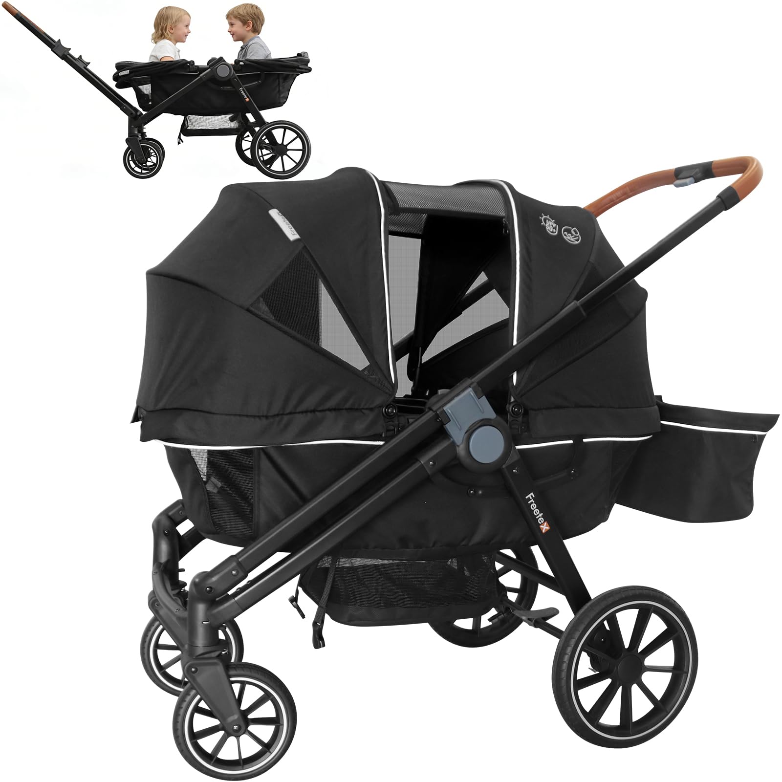 Wagon Stroller for 2 Kids, All-Terrain 2-in-1 Push & Pull Design, Removable UV-Protection Canopy, Double Seat, Large Storage, Snack Tray for Baby and