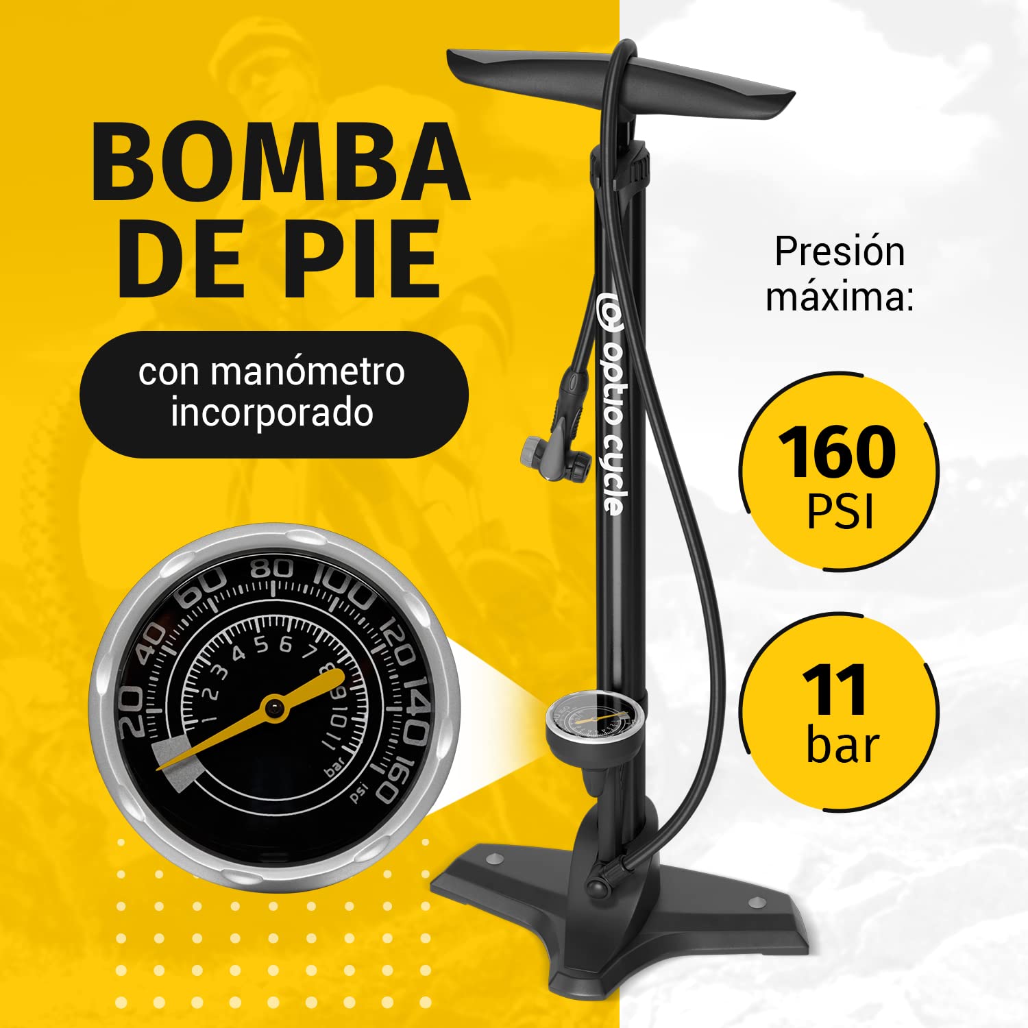 Bomba de Pie para Bicicleta – Inflador con Manómetro hasta 11 Bar / 160 PSI | Bomba Bicicleta de Pie para Presta y Schrader | Hinchador Bici Manual para MTB, E-Bike y Carretera