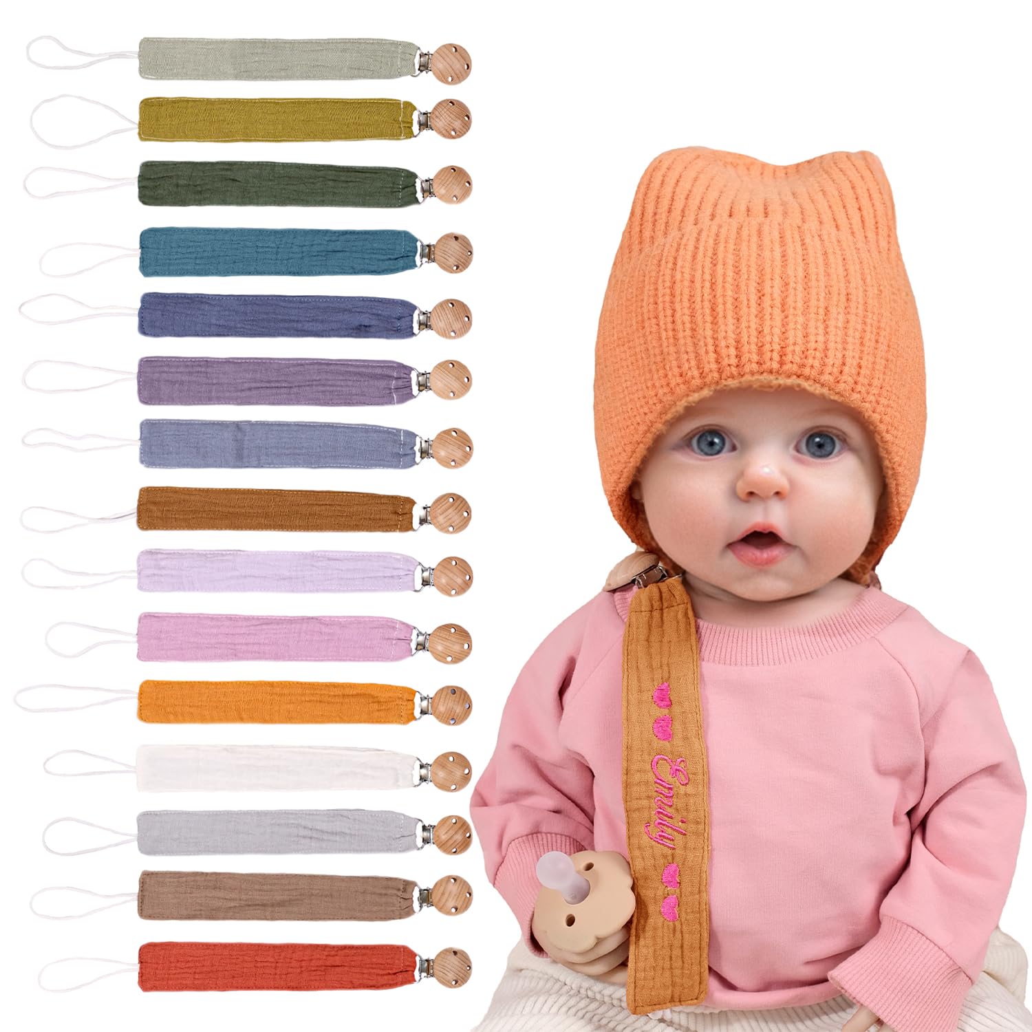 Personalized Bohemian Pacifier Clip Embroidered with Name is The Perfect Newborn Gift Made from eco-Friendly Bamboo! (Orange)