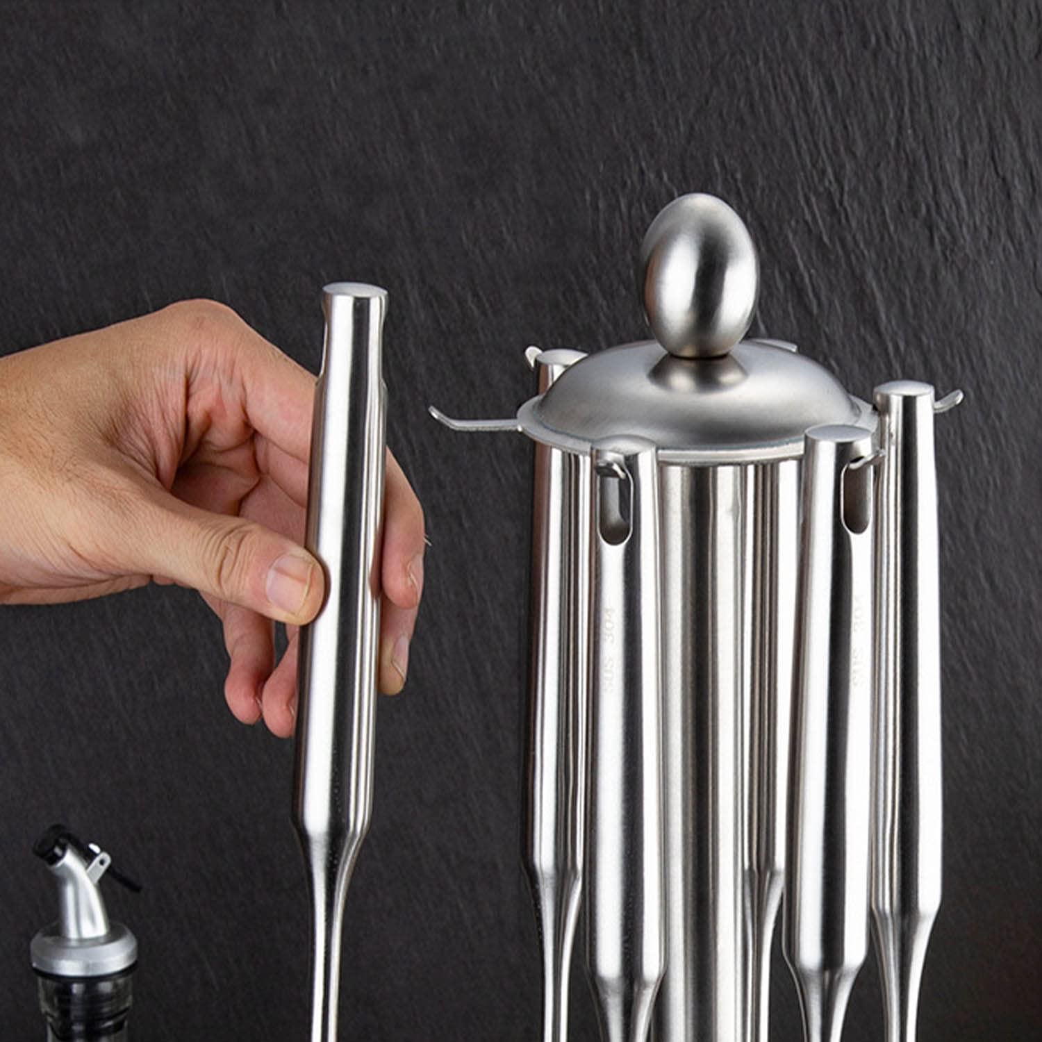 7pcs Ustensiles de Cuisine en Acier Inoxydable Set avec Spatule Porte-Ustensiles Antiadhésif Résistant à la Chaleur Outil de Chef Cadeau, Argent