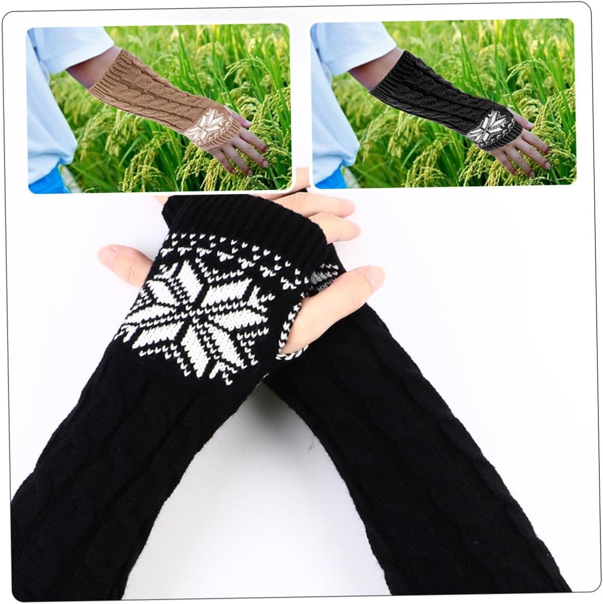 BESPORTBLE 2 Pairs Fingerless Arm Warmers for Women Winter Arm Sleeves Christmas Jacquard Pattern Black One Size