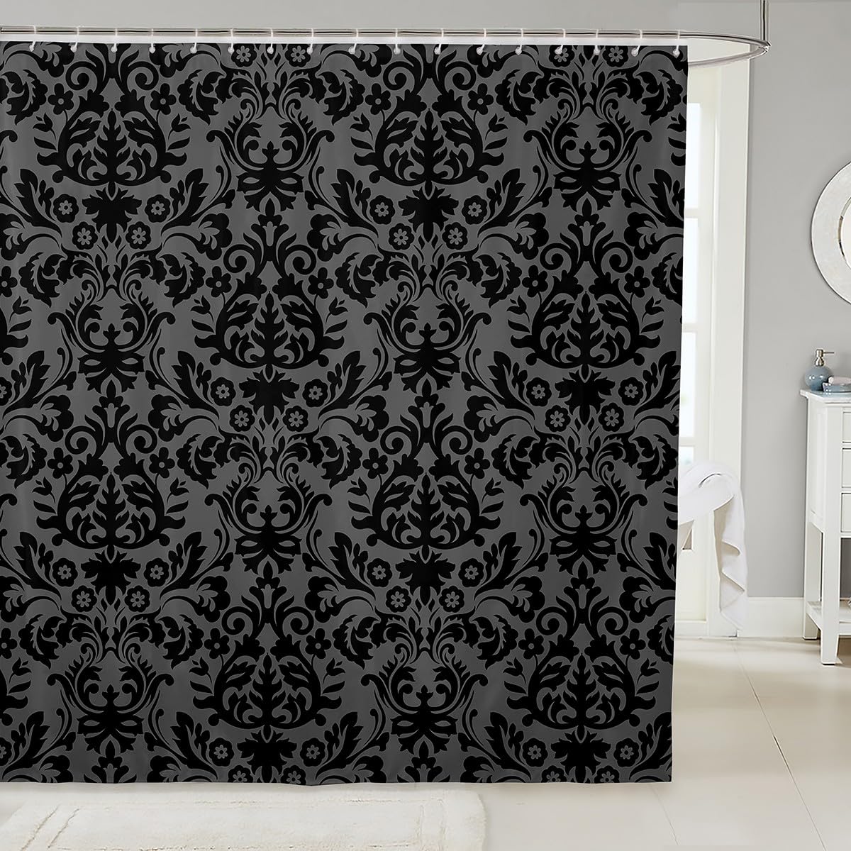 Adults Black Damask Shower Curtain Antique Victorian Baroque Bathroom Curtain 72" Wx84 L Gothic Vintage Floral Bathroom Accessories Bohemian Exotic Grey Bath Curtain with 12 Hooks Bathroom Decor