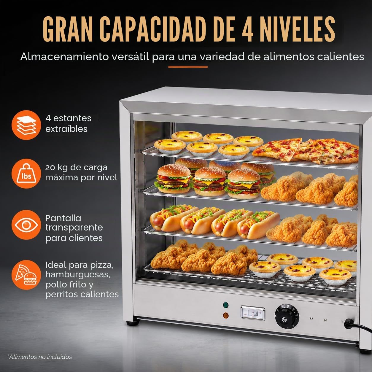 SHZICMY Vitrina para mantener el calor con iluminación, 4 pisos, calentador de alimentos, 800 W, 30-85 °C