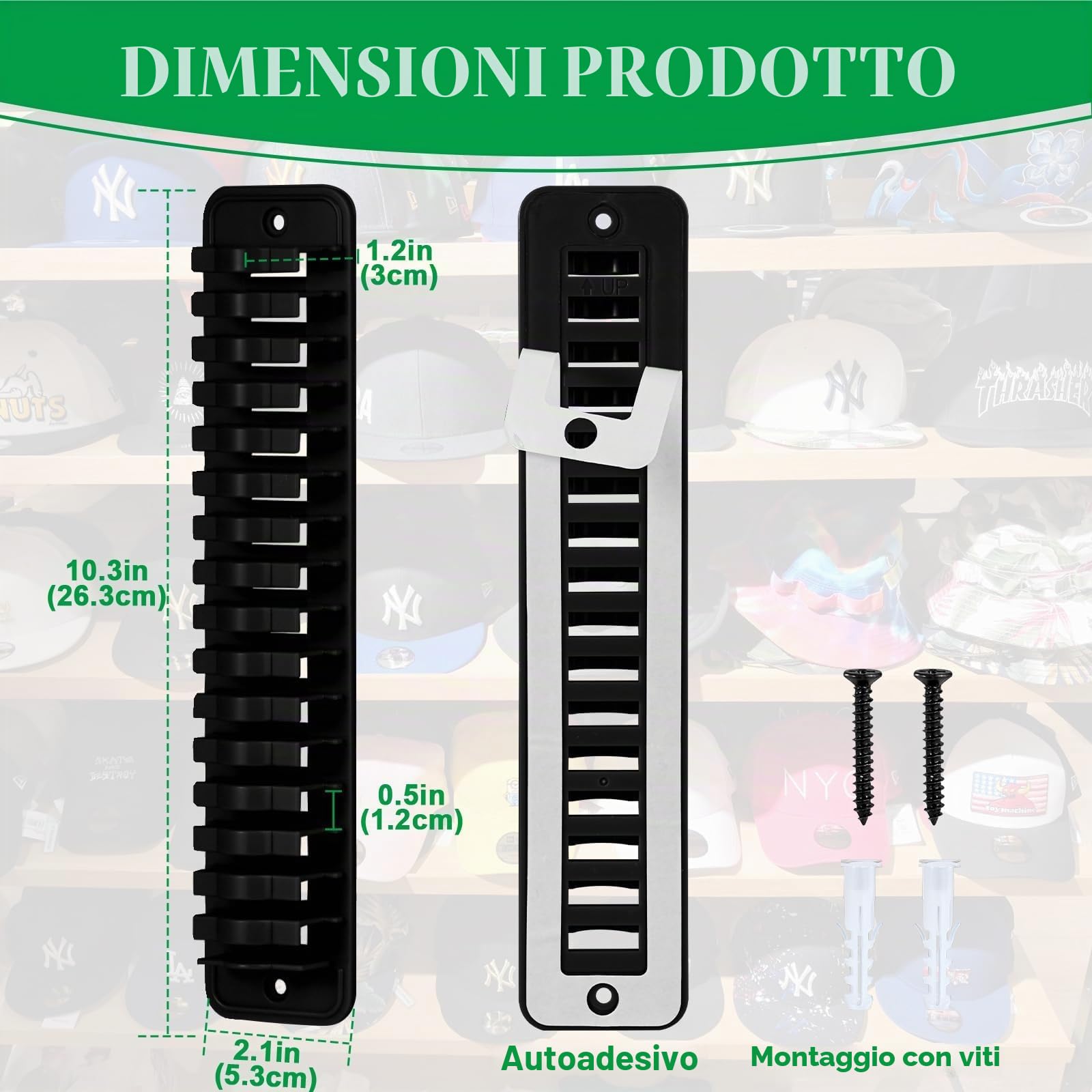 JGGDUU Porta Cappelli per cappelli da baseball, espositore per cappelli da parete, porta, armadio, contiene fino a 16 cappelli, gancio adesivo o da trapano per cappelli, Nero