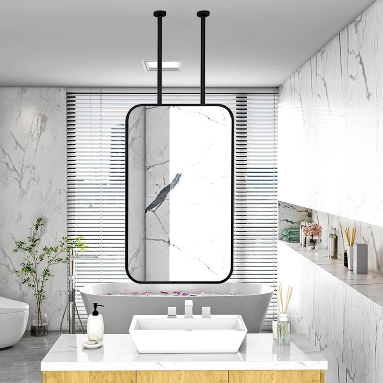 BKSXSOP Rectangle Ceiling Hanging Mirror, Wall Mounted Bathroom with Black Metal Framed - Boom can be customizable, Vertical Rod Mirror for Living Room, Bedroom, Entryway (Size : 50x60cm