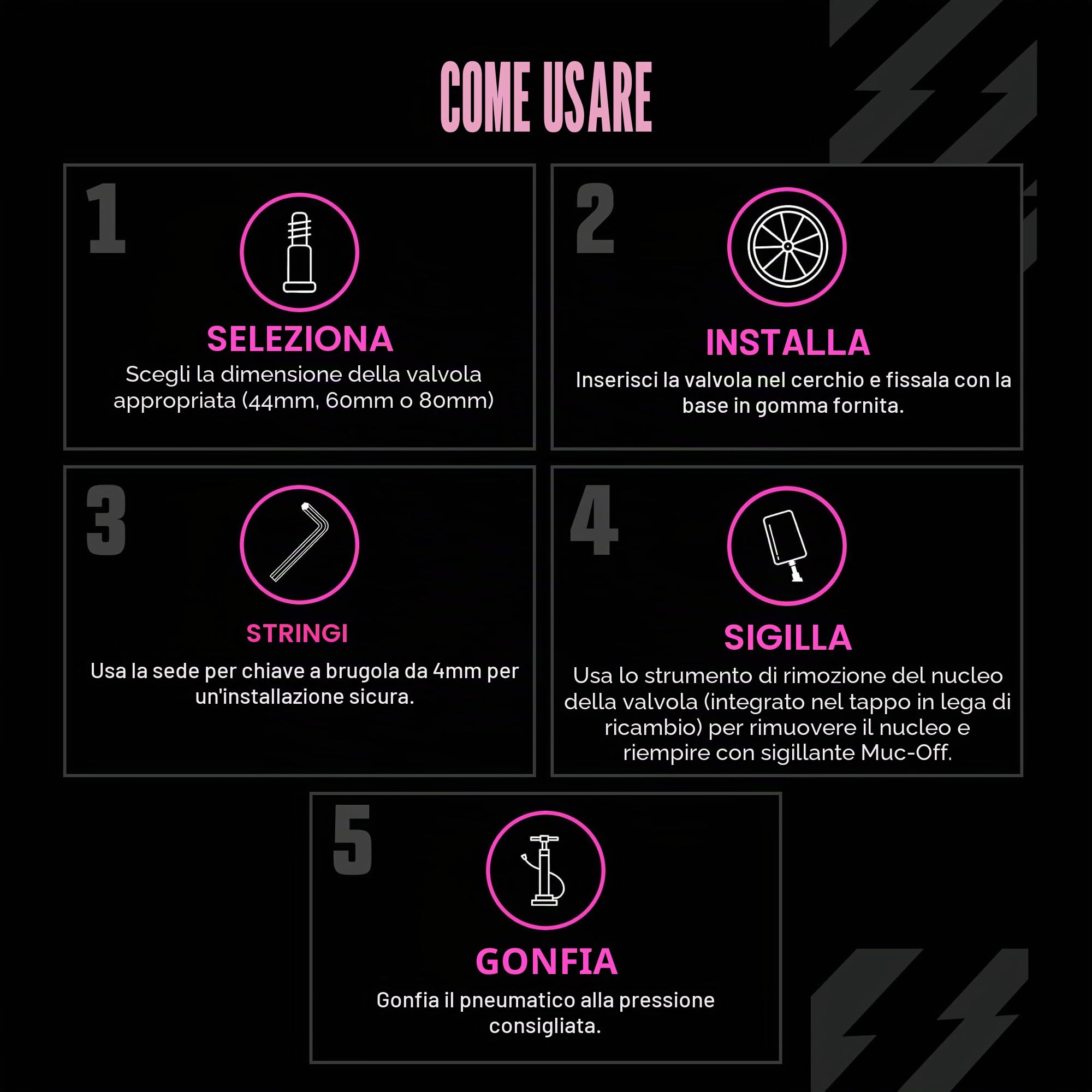 Muc-Off Valvole Presta Nere, 44 mm - Valvole Tubeless per Bici, con Strumento Smonta Valvola Incluso - di Alta Qualità e Senza Perdite