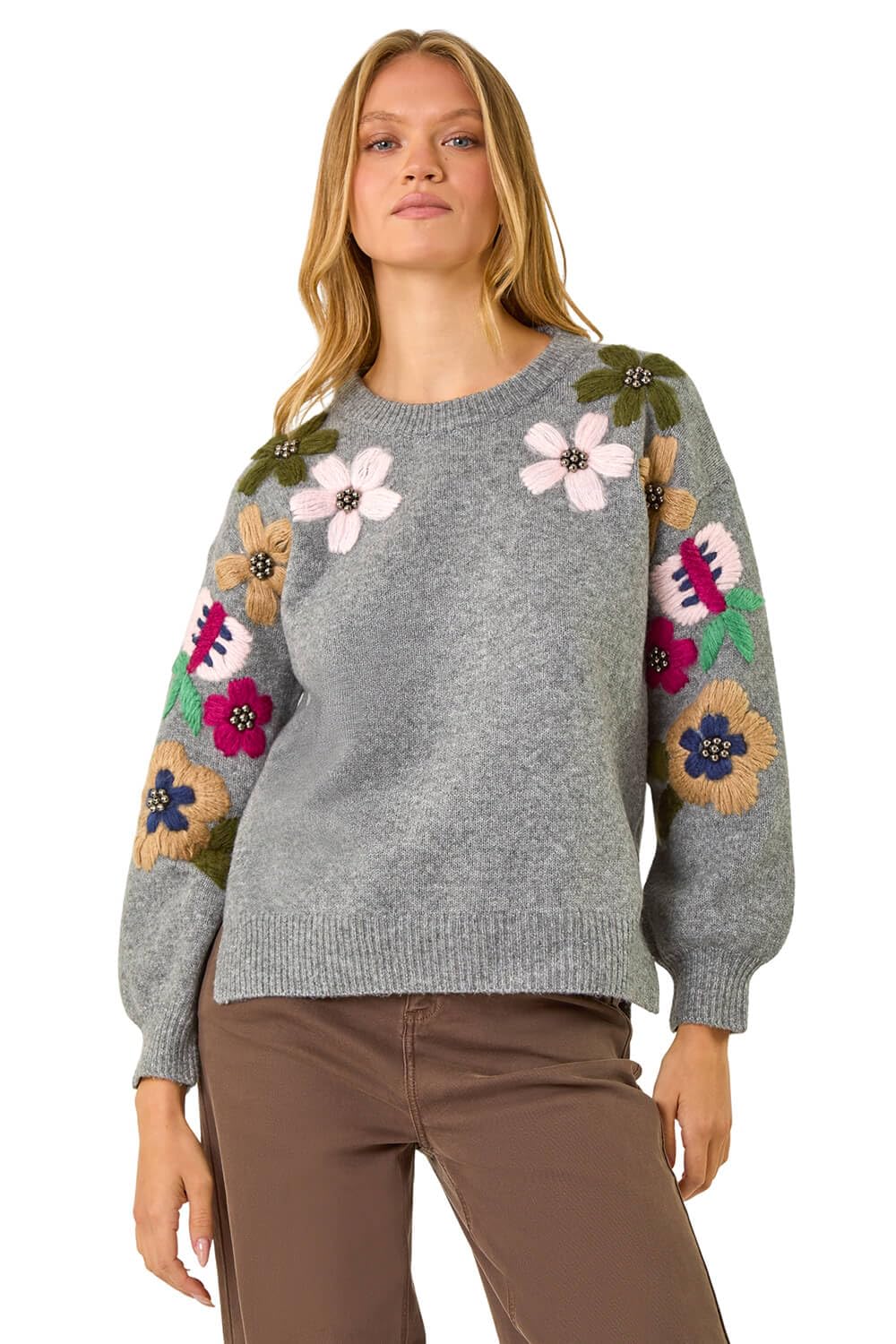 Roman Originals Floral Emellished Jumper for Women UK - Ladies Everyday Autumn Winter Crew Neckline Comfy Soft Evening Vacation Work Party Night Out - Floral Grey - Size 18