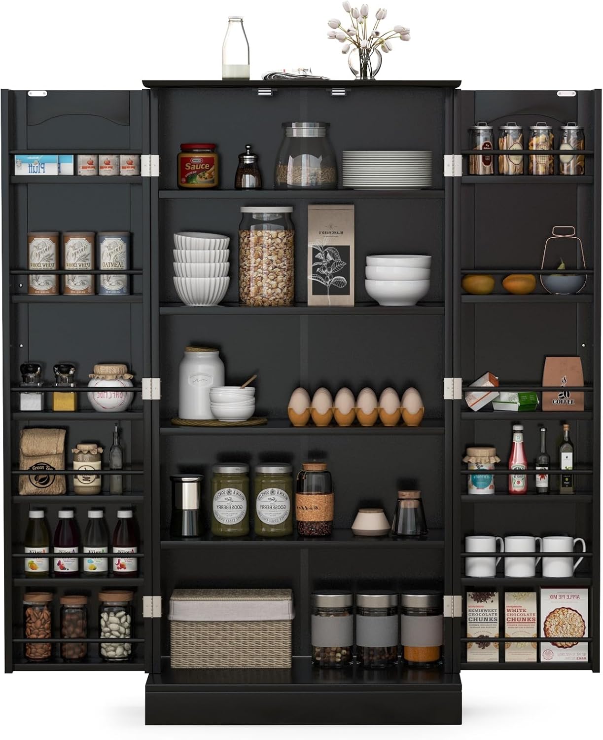 Kitchen Cupboard, Wooden Buffet Pantry Cabinet with 17 Shelves and 2 Doors, Multifunctional Storage Organizer for Living Room Dinning Room (Black, 60 x 40 x 120cm)