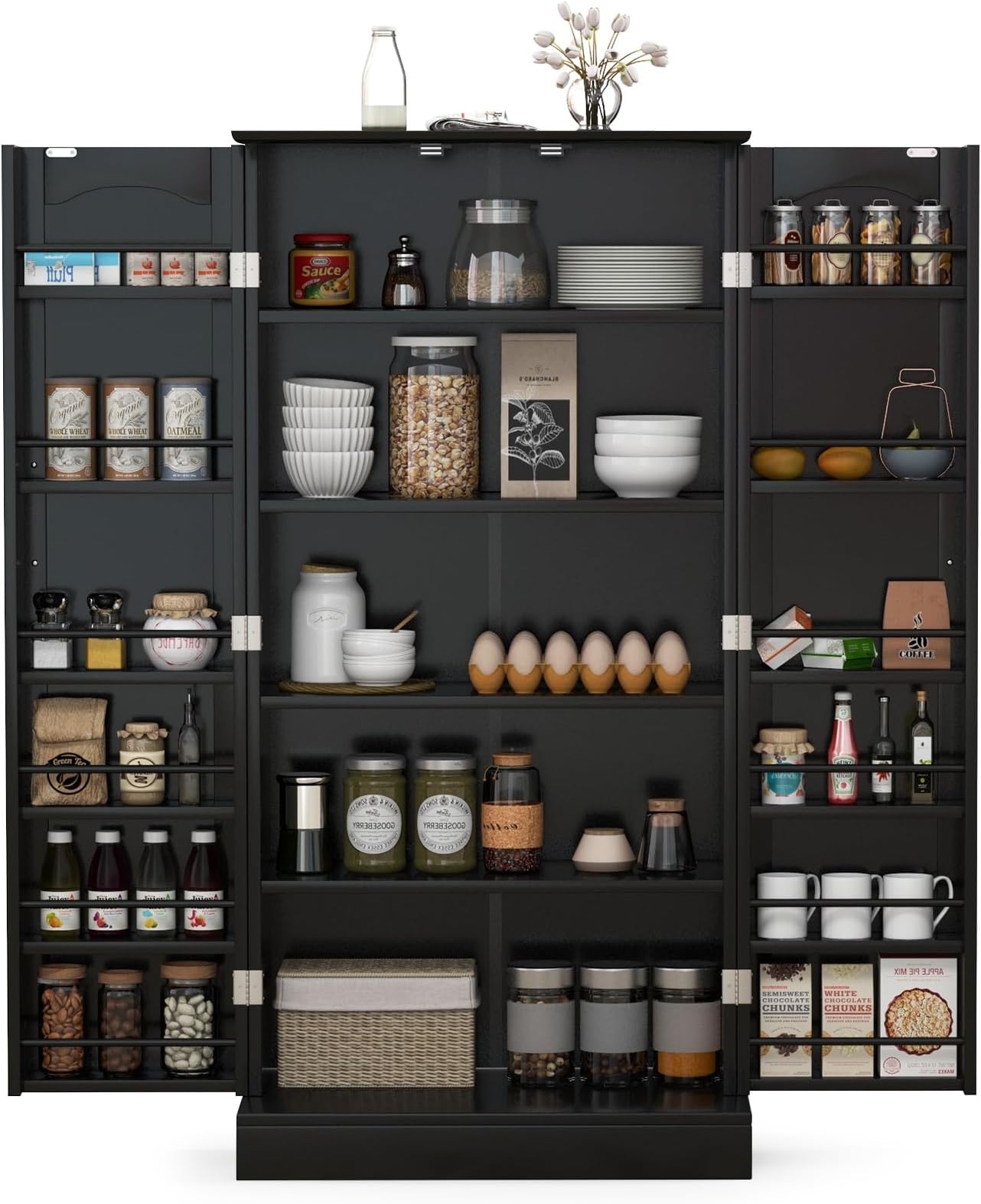 GiantexUK Kitchen Cupboard, Wooden Buffet Pantry Cabinet with 17 Shelves and 2 Doors, Multifunctional Storage Organizer for Living Room Dinning Room (Black, 60 x 40 x 120cm)