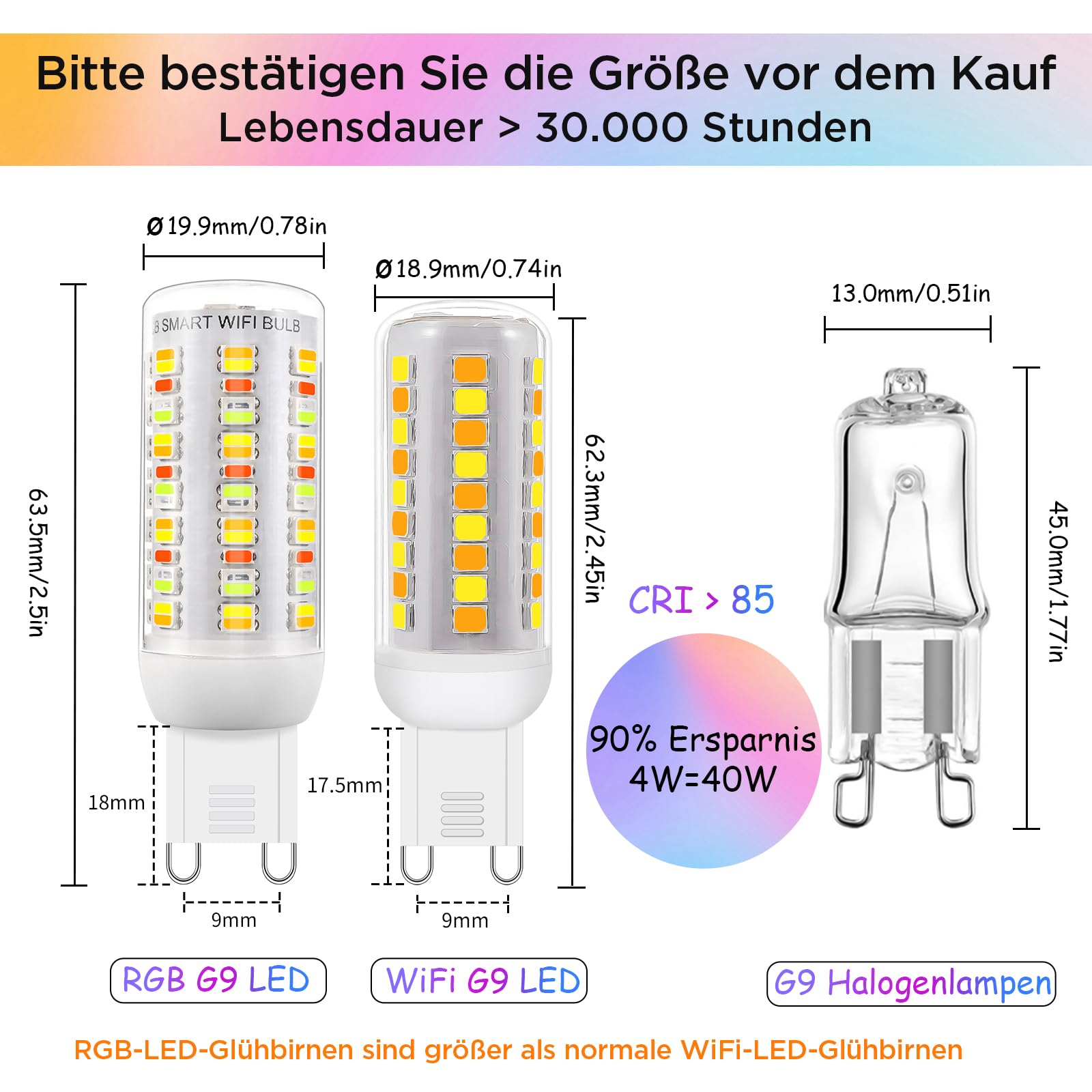 Wi-Fi RGBCW Smart G9 LED Lampen,Kompatibel mit Alexa /Google Home,AC 230V Mehrfarbrige dimmbare,2700K-6500K,Helligkeit einstellbar 1%-100%,4W,400LM,mit Musiksynchronisation LED Glühbirne,2er Pack
