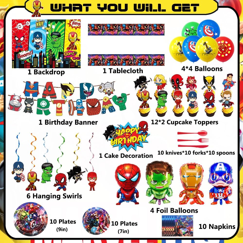 Avenger Theme Birthday Party Supplies Decorations, Including Birthday Banner, Tablecloth, Backdrop, Hanging Swirls, Balloons, Cake Toppers, Plates, Forks, Spoons for Cool Party