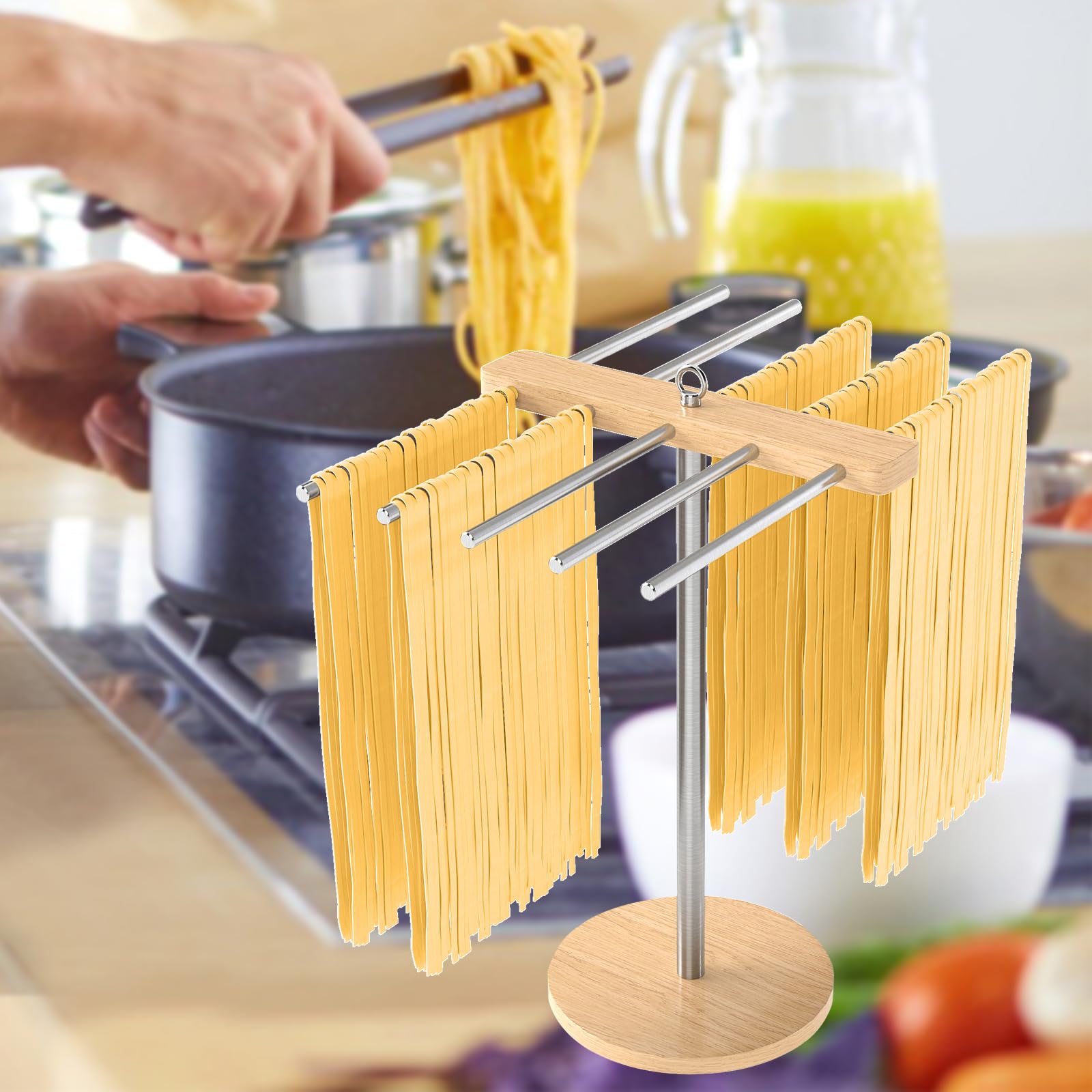 STWWO Séchoir à Pates Fraiches Séchoir à Spaghetti avec 10 Bras Amovibles INOX 304 Support de Séchage de Nouilles pour Ustensiles Cuisine Pâtes Faits Maison - Jusqu'à 2 Kg de Pâtes Fraiches, WSA007