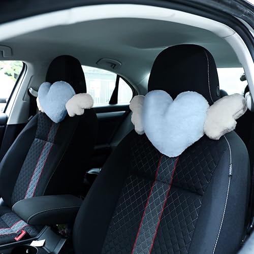 Macarrie 2 piezas de almohada de felpa con forma de corazón con alas de ángel para reposacabezas de coche, almohada de asiento de coche suave y