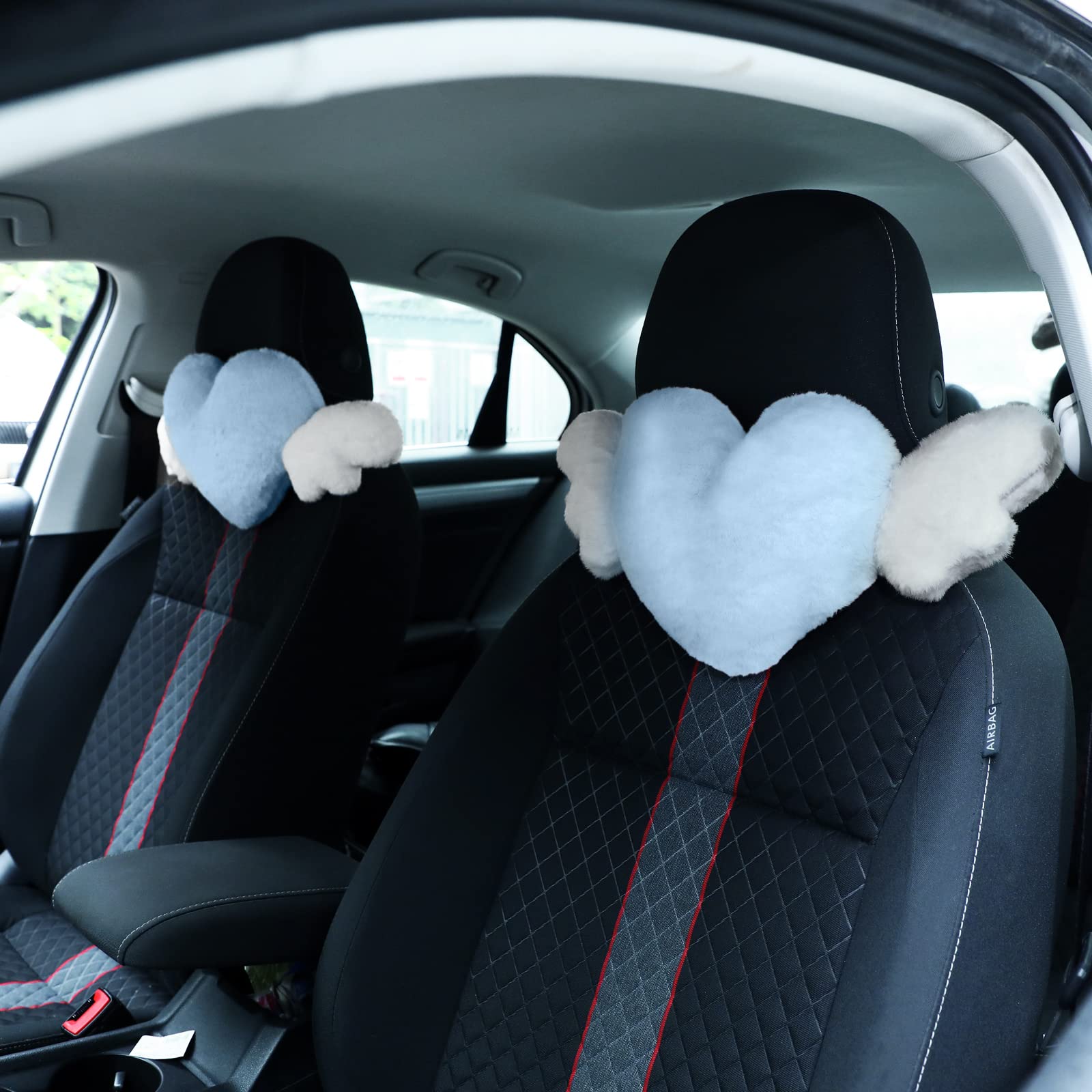 2 almohadas de felpa en forma de corazón con alas de ángel, reposacabezas de automóvil, almohada suave y cómoda para asiento de automóvil para conducir, sala de viaje, oficina, decoración de