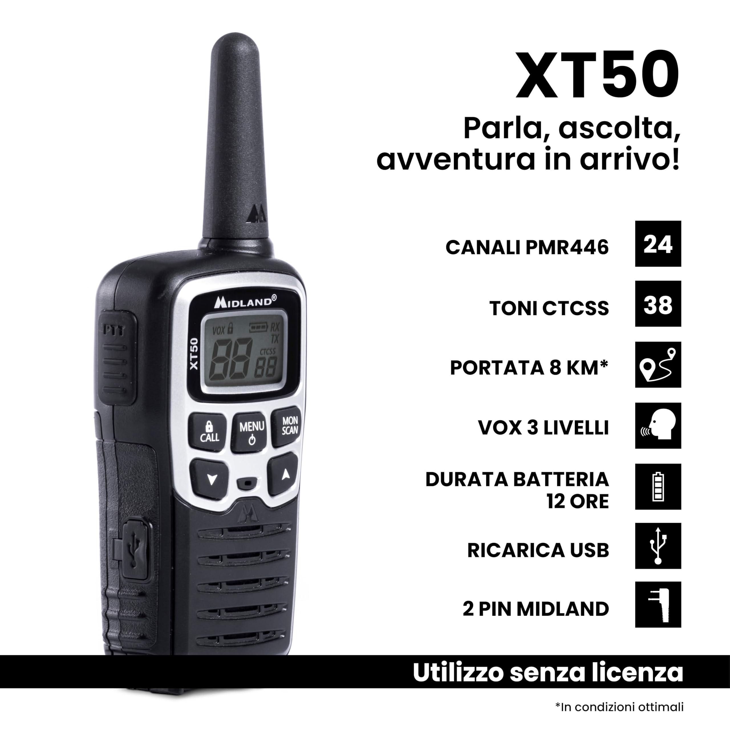 Midland - Walkie Talkie XT50, 2 Ricetrasmittenti Ideali per Outdoor e Cantieri, 24 Canali PMR446 Senza Licenza, 38 Toni CTCSS, Copertura 8Km, Ricarica Rapida, Autonomia 12H, Ricaricabile con USB