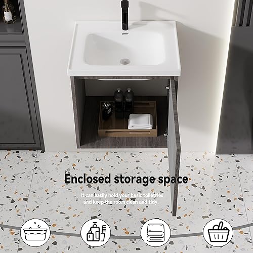 Miniatura 131 de Tocador de baño de 20 pulgadas con lavabo de cerámica, tocador de baño pequeño montado en la pared con puerta de cierre suave, gabinete flotante