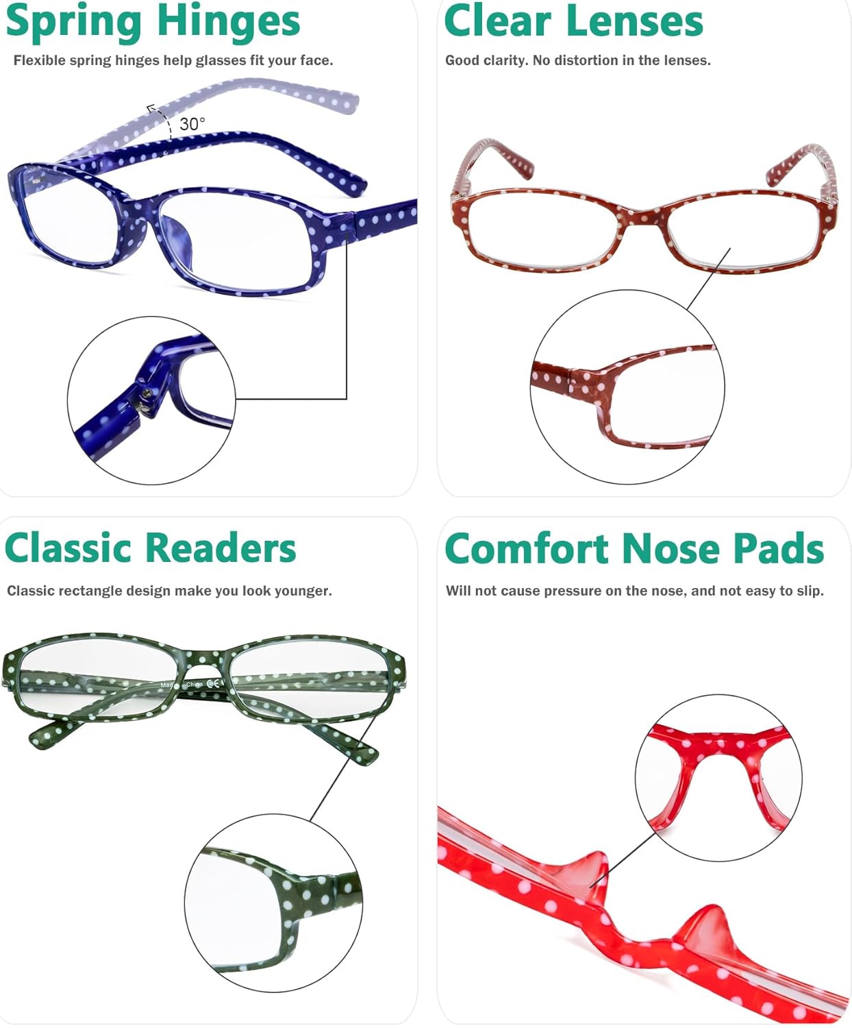 Eyekepper 4 Pack Ladies Fashion Reading Glasses - Polka Dots Design Small Lens Readers for Women Reading +2.25