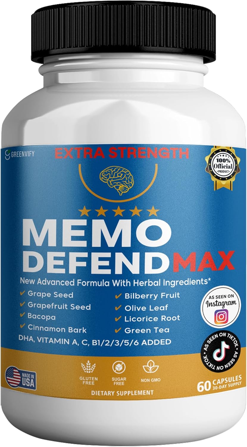 Memo Defend Max Memory Support Supplement, 60 Capsules, with Vitamins A C D E B Complex, DHA, Bacopa, Grapefruit Seed (2)