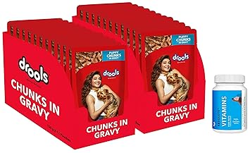 Drools Puppy Wet Dog Food, Real Chicken and Chicken Liver Chunks in Gravy, 24 Pouches (24 x 150g) & Absolute Vitamin Tablet- Dog Supplement, 110 Pcs