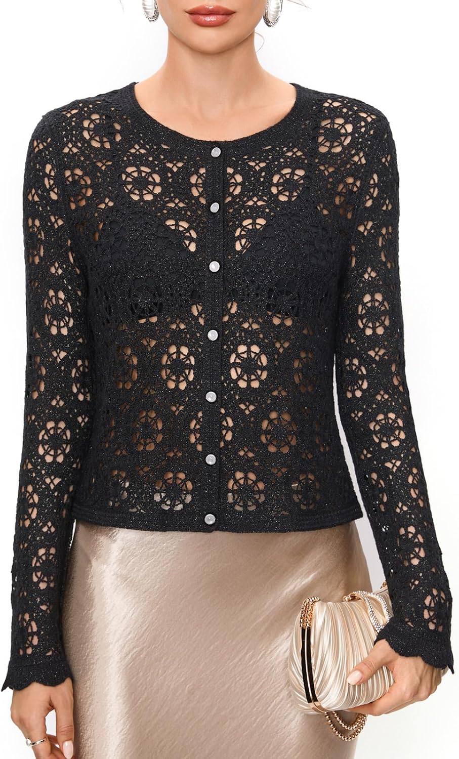 FAIRY SEASON Women's Crochet Cardigan with Golden Thread, Vintage Cropped Openwork Knit Sweater for Garden Party & Wedding