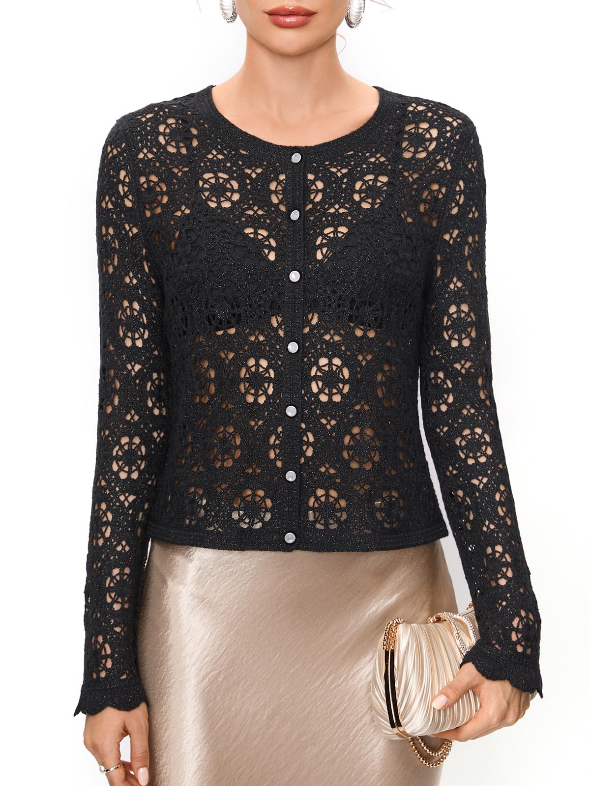 FAIRY SEASON Womens Crochet Cardigan with Golden Thread Vintage Cropped Openwork Knit Sweater for Garden Party Wedding