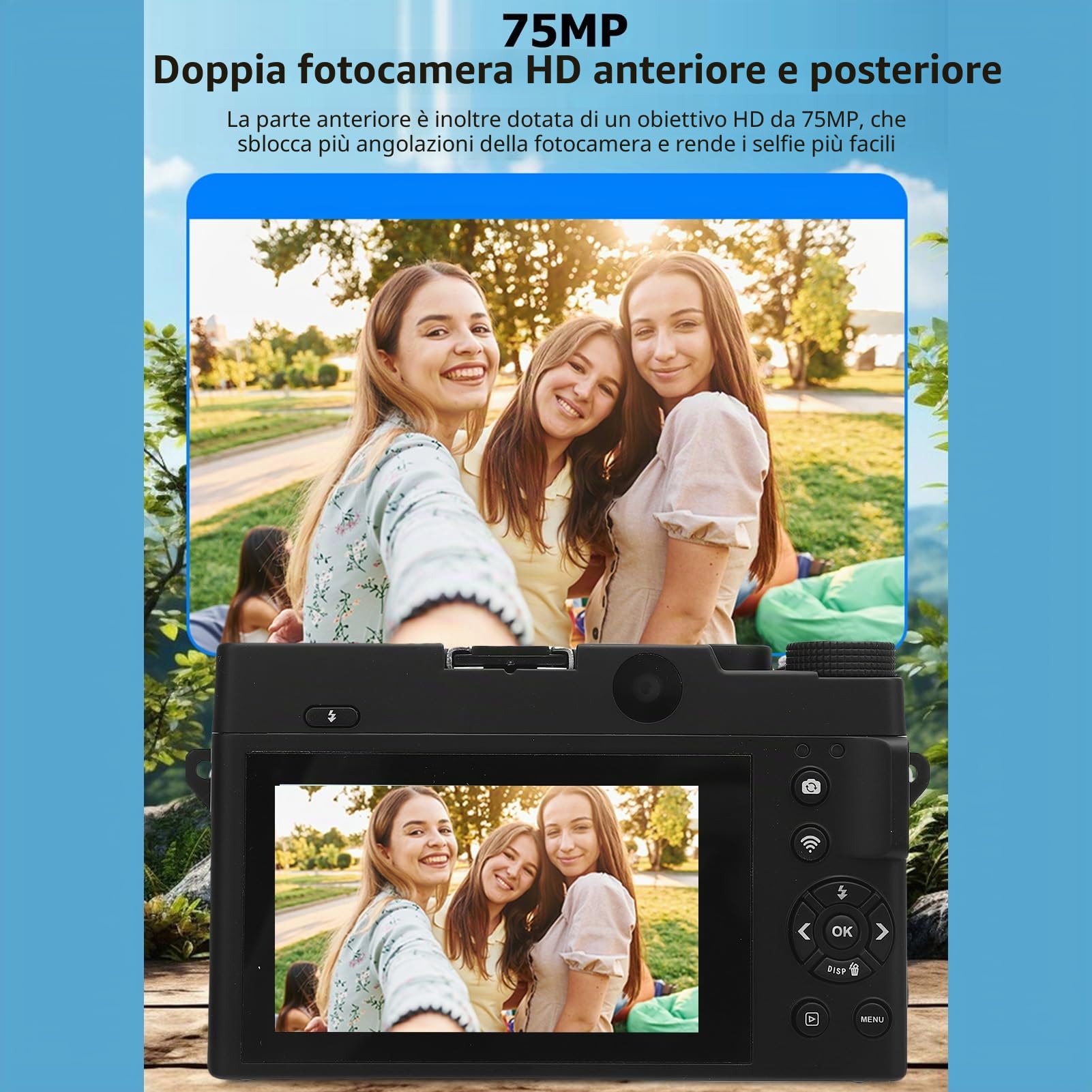 Fotocamera Digitale 4K, Videocamera per con Zoom Digitale 18X UHD da 75 MP, Fotocamera Anteriore e Posteriore, Schermo LCD da 3 Pollici, Fotocamera Punta e Scatta Wi-Fi con Flash (BLACK)