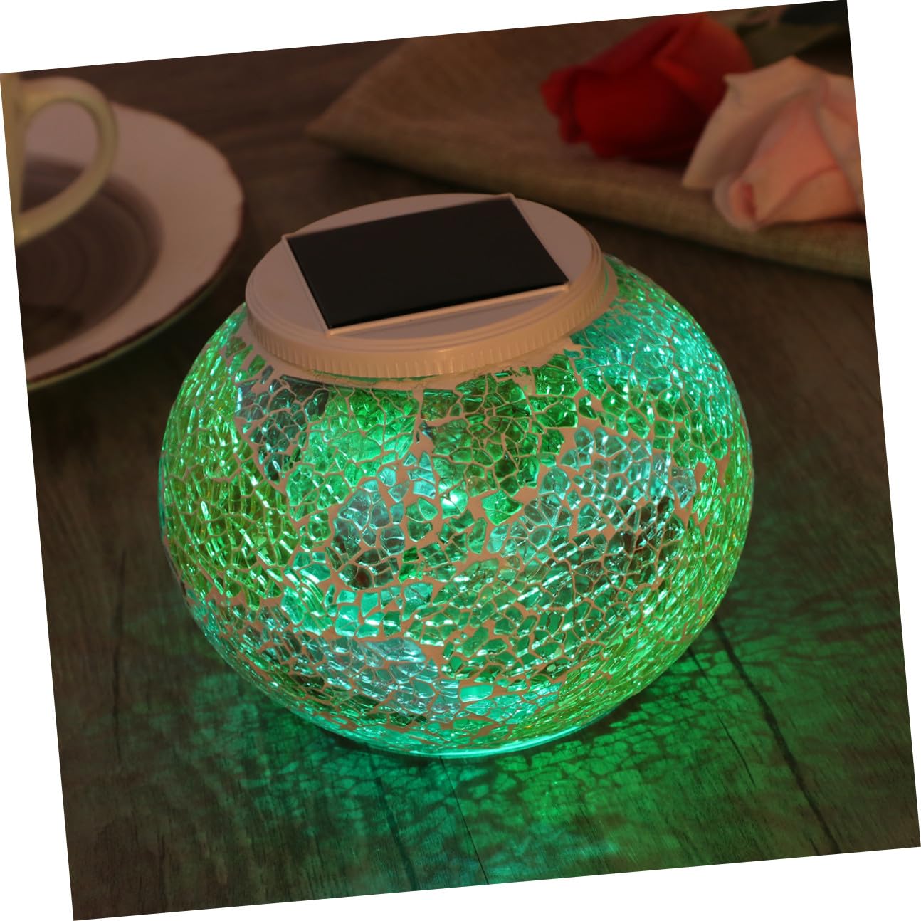 Lampada Solare da Tavolo in Vetro Mosaico, Cambio Colore | 2 Modalità Luce Singola e Multicolore, Accensione Automatica Notturna, per Esterno e Natale