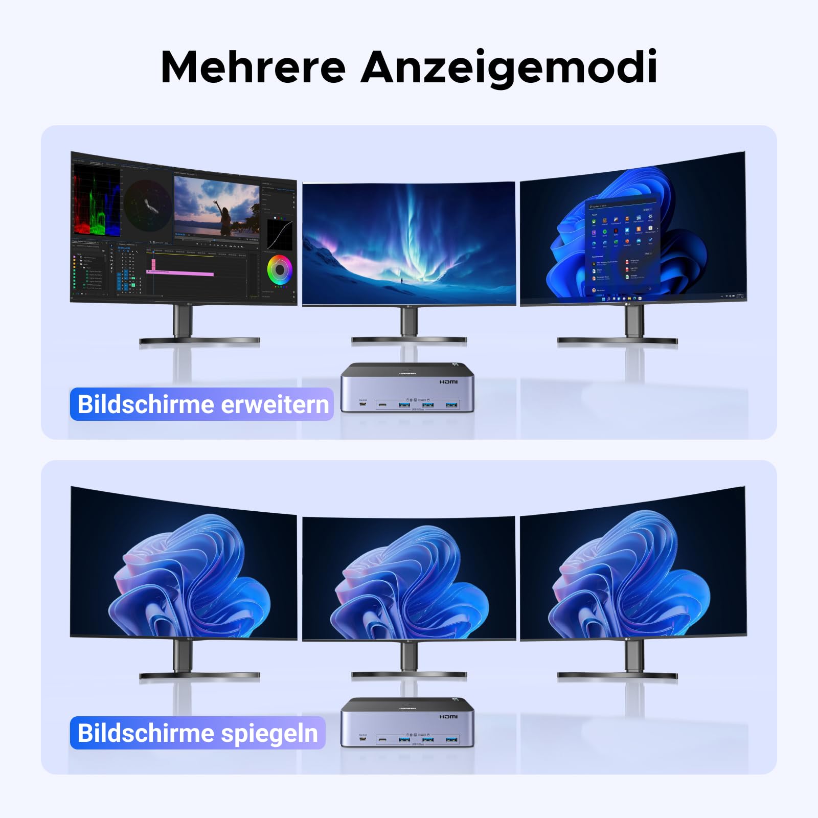 UGREEN HDMI+Displayport KVM Switch 2 PC 3 Monitore 8K60Hz mit 4 USB 3.0 Ports, Tasten- und Desktop-Controller Umschaltung Kompatibel mit Windows/Linux usw.