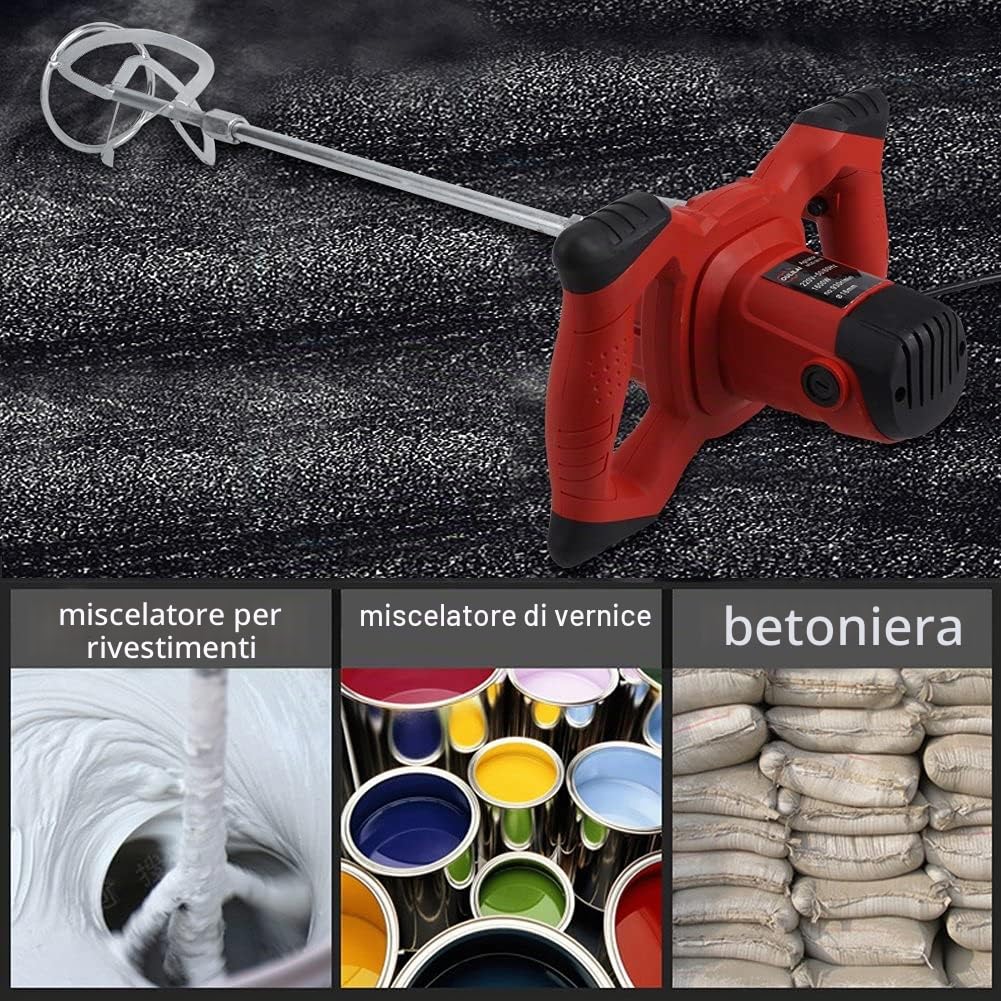 Miscelatore per Malta 1500W 220V, Rosso, per Cemento e Pittura