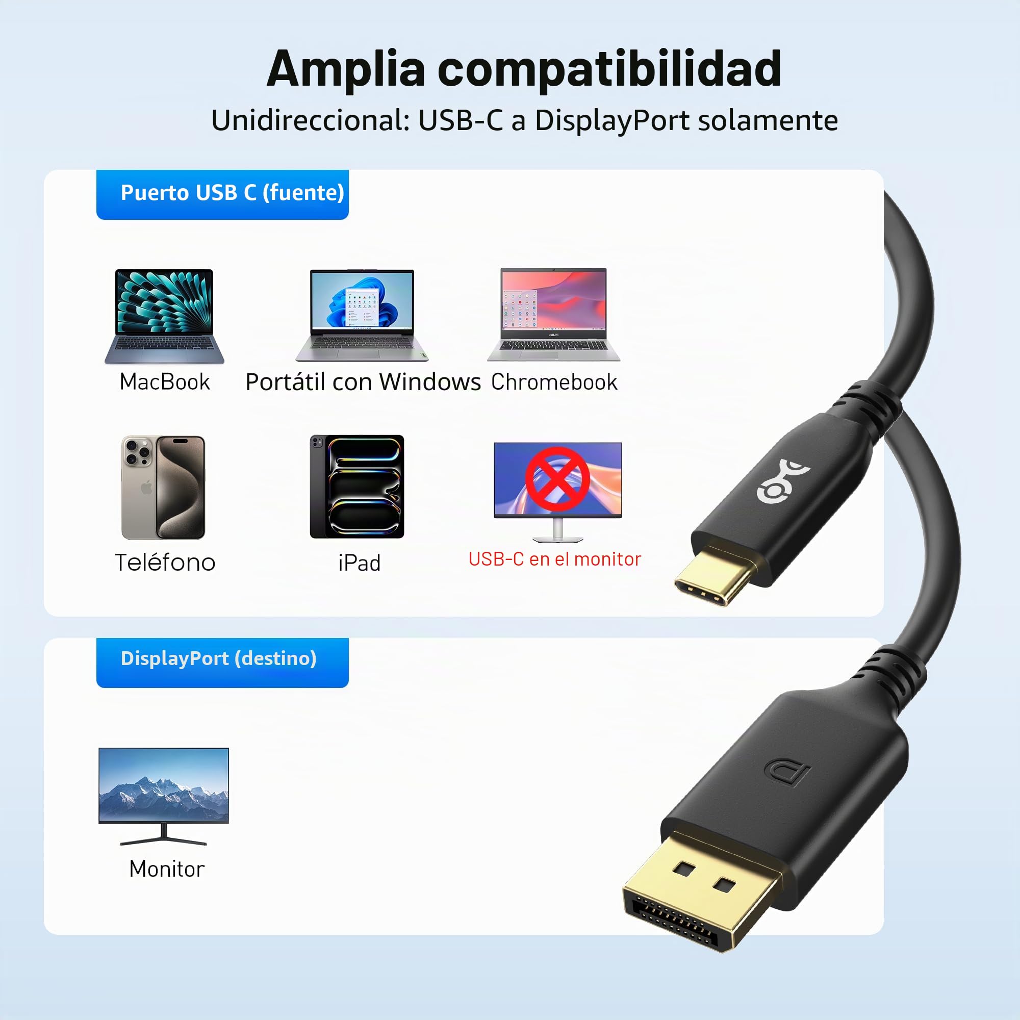 Cable Matters [Certificado VESA] 40Gbps Cable USB-C a, 2m, Negro | 8K@120Hz / 4K@480Hz, cable Thunderbolt 4 a DisplayPort DP40, negro; no compatible con monitores USB-C portátiles