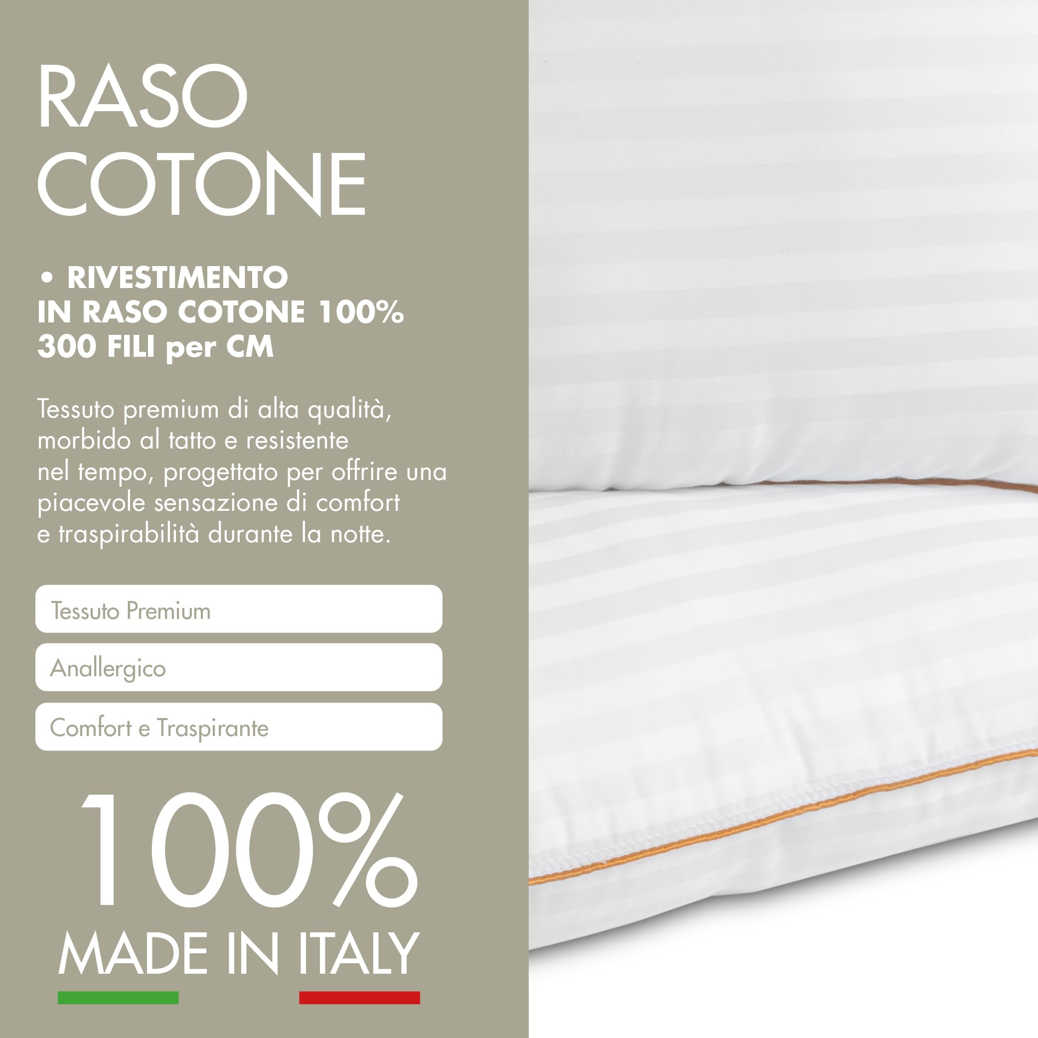 Cuscini Letto 100% COTONE ANALLERGICO Fibra Siliconica SET 2 Guanciali Morbidi e Traspiranti Cuciture Premium Made in Italy (2, CUCITURA ORO)