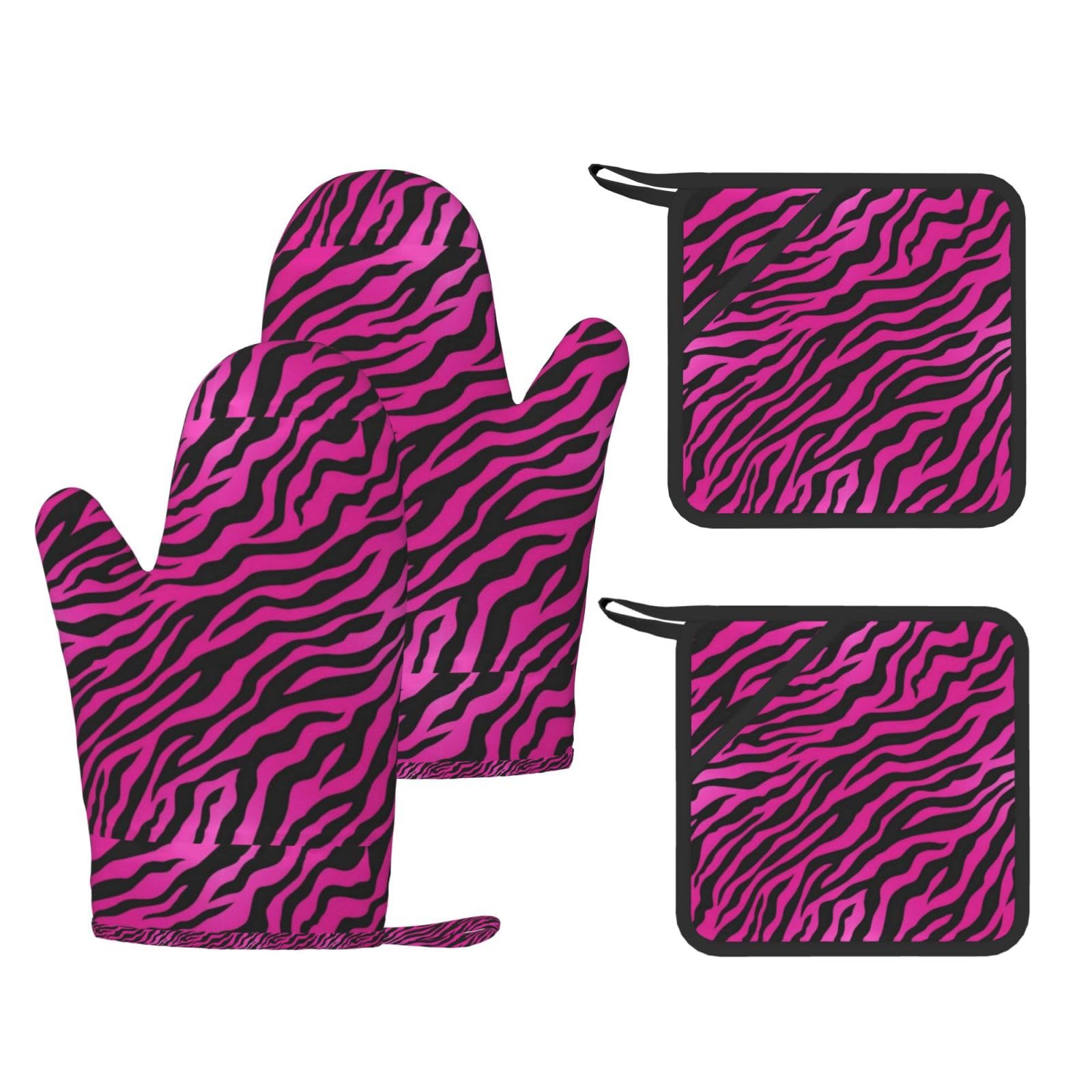 Ensemble de Quatre Gants et maniques résistants à la Chaleur, Gants de Cuisine antidérapants, maniques de Four, Motif zèbre Rose
