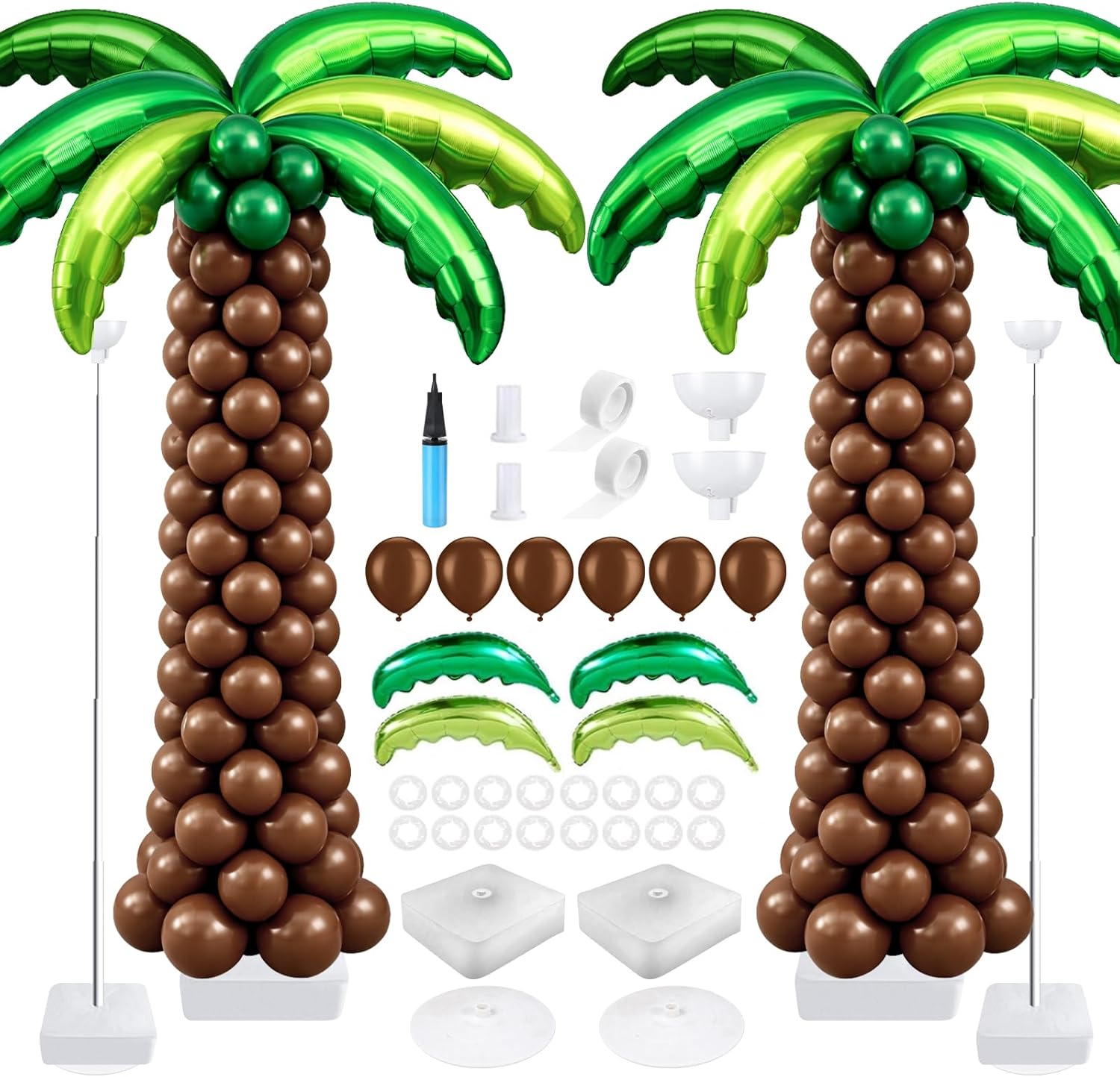 132 Pcs Palm Tree Balloon Column Stand Kit 6.5 Ft, 12 Pcs Green Palm Tree Leaves Balloons and 120 Pcs Coconut Balloons with Adjustable Metal Tube for Hawaiian Luau Tropical Aloha Summer Party Decors