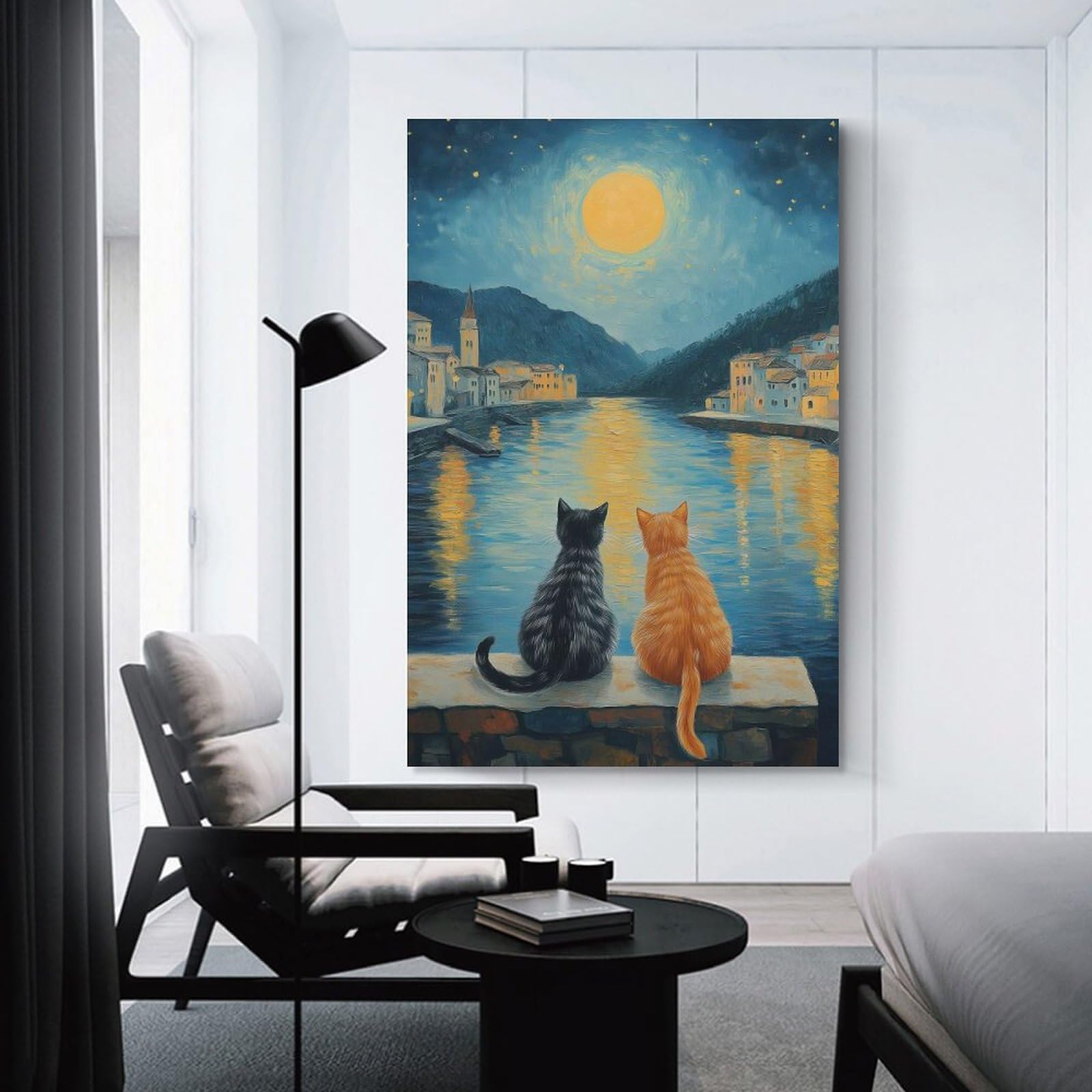 Junmoney Cats by The Moonlit River Wall Decor Canvas Print, 24x36inch(60x90cm), for Home Lounge, Bedroom Or Reading Nook, Decorative Artwork for Empty Walls